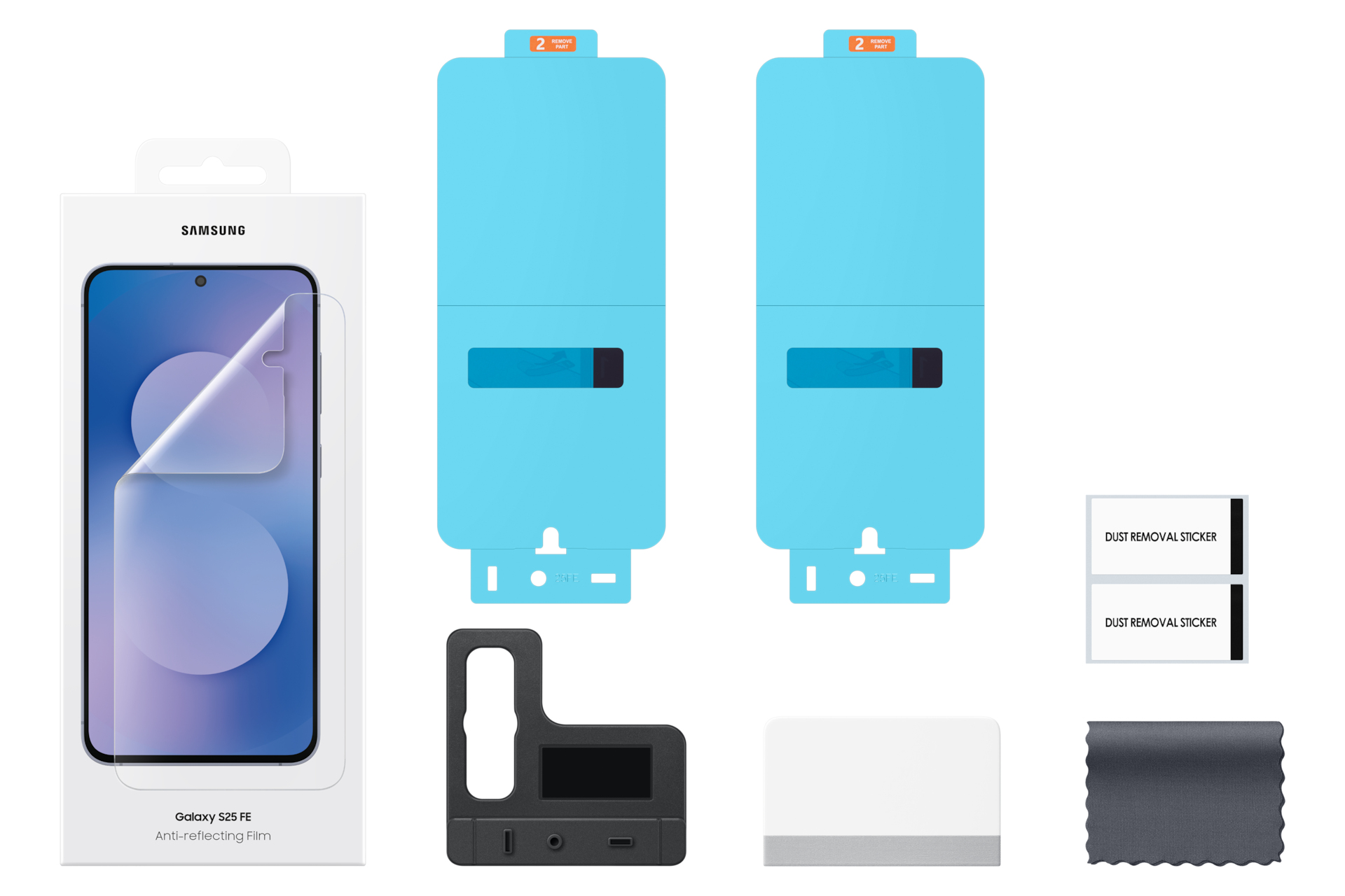 L'image montre un kit de film antireflet Galaxy S25 FE. Il comprend un écran de téléphone, des applicateurs de film, des autocollants et un chiffon de nettoyage.