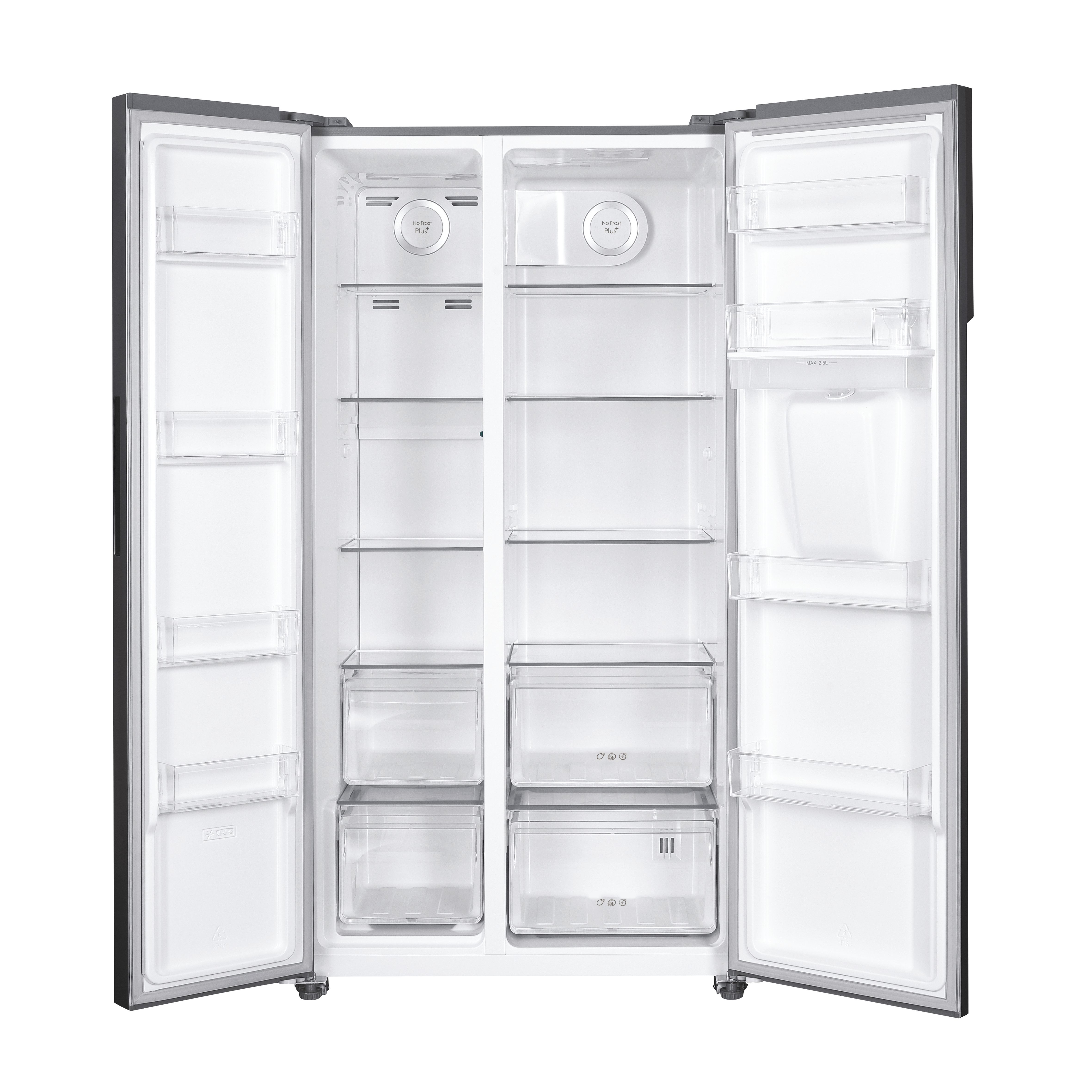 Refrigerador de doble puerta abierto. Interior con estantes, cajones y recipientes de plástico transparente. Las puertas son negras.