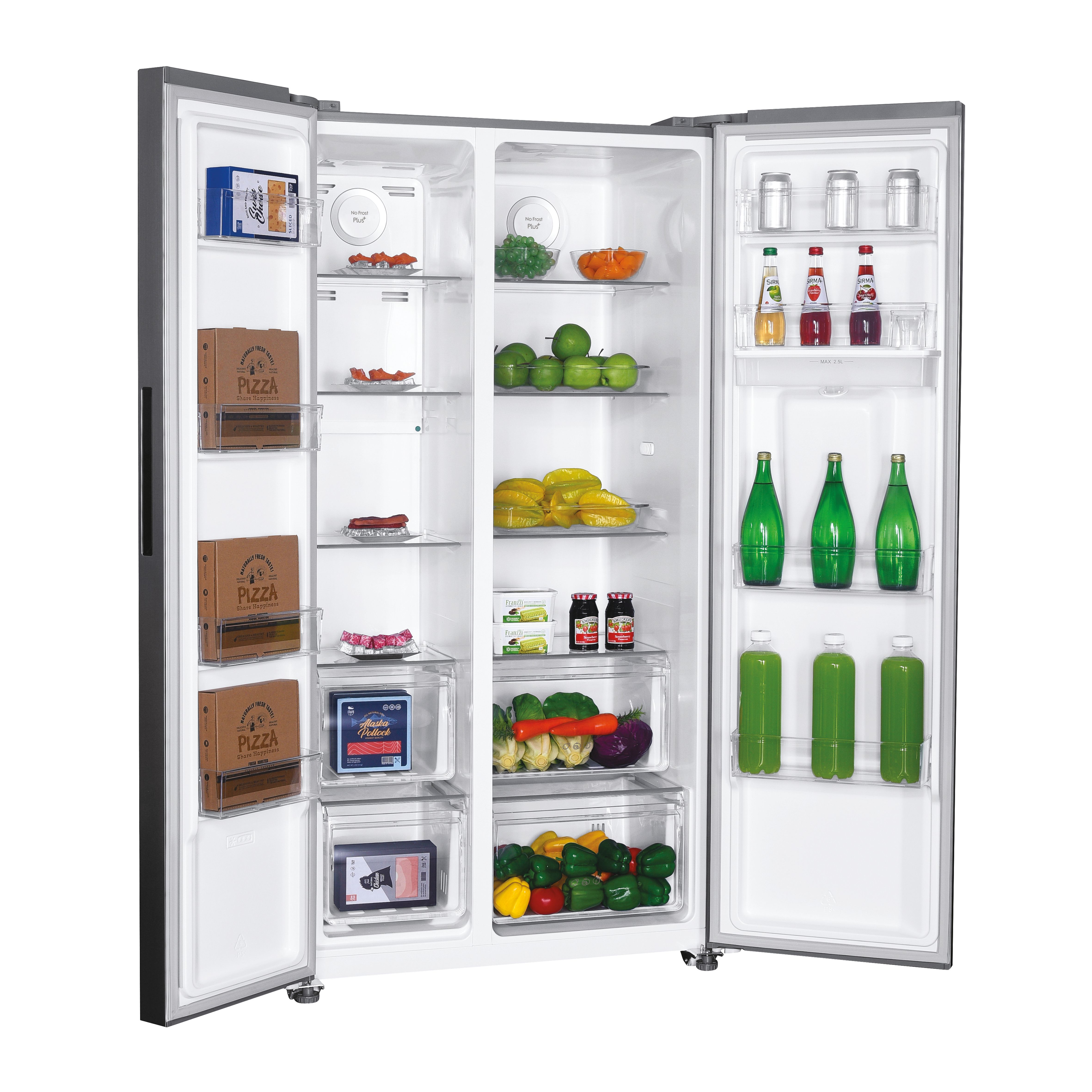 Refrigerador abierto lleno de comida: frutas, verduras, bebidas y artículos envasados en estantes y cajones.