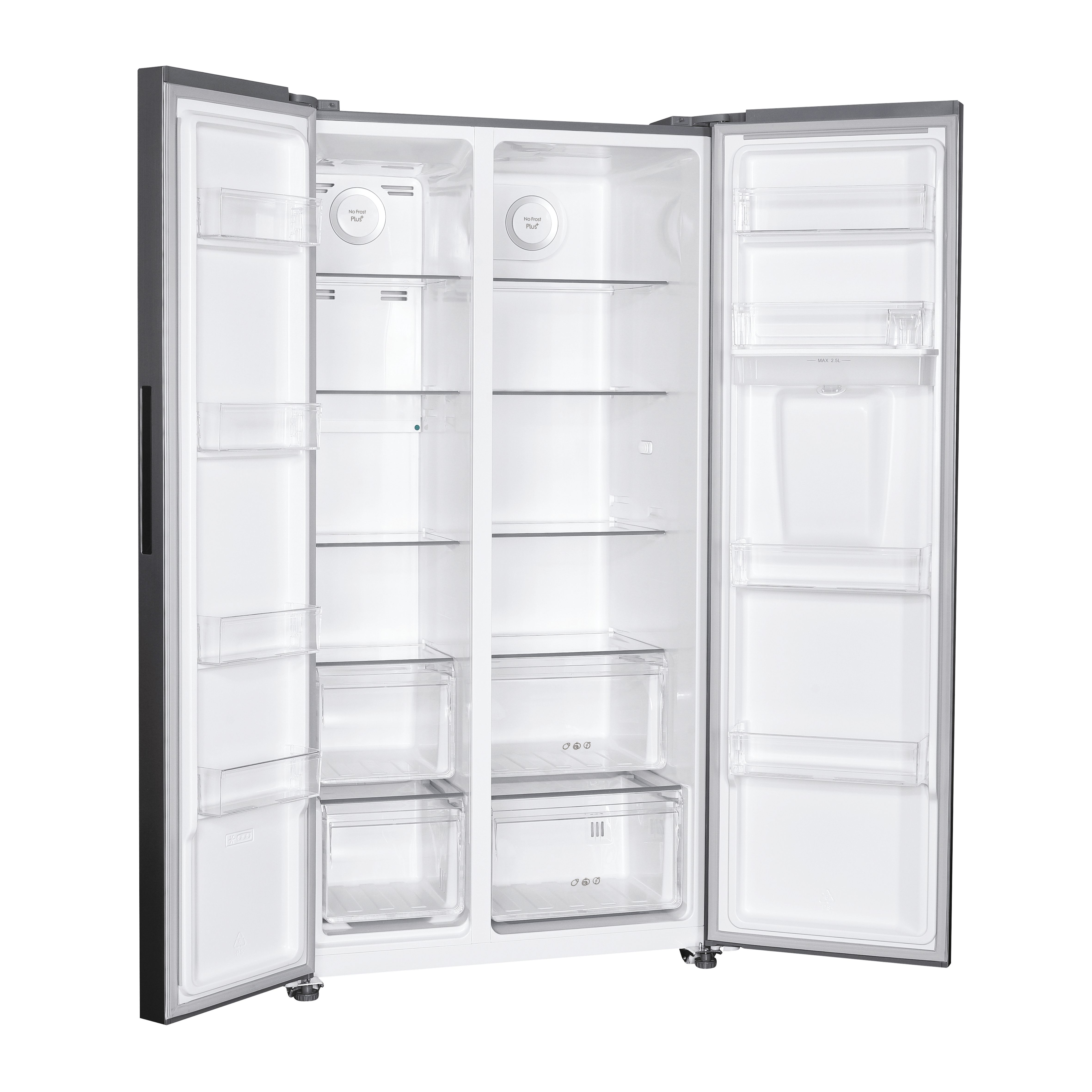 Refrigerador de doble puerta abierto. El interior es blanco con estantes y cajones transparentes. Marcos de puertas grises y tiradores negros.