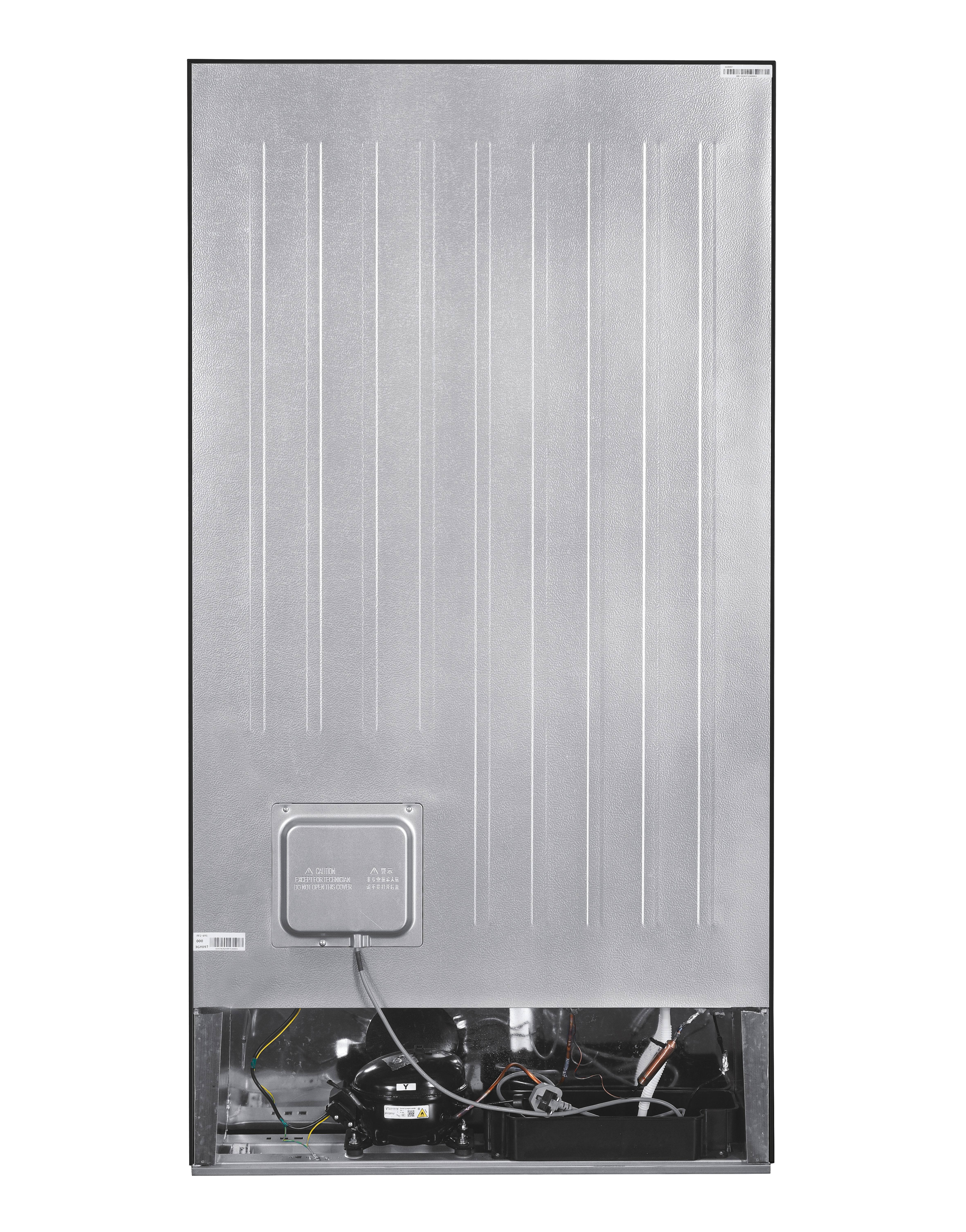 Parte trasera de un refrigerador plateado. Contiene una etiqueta de advertencia y el compresor en la parte inferior. Tiene marco negro.