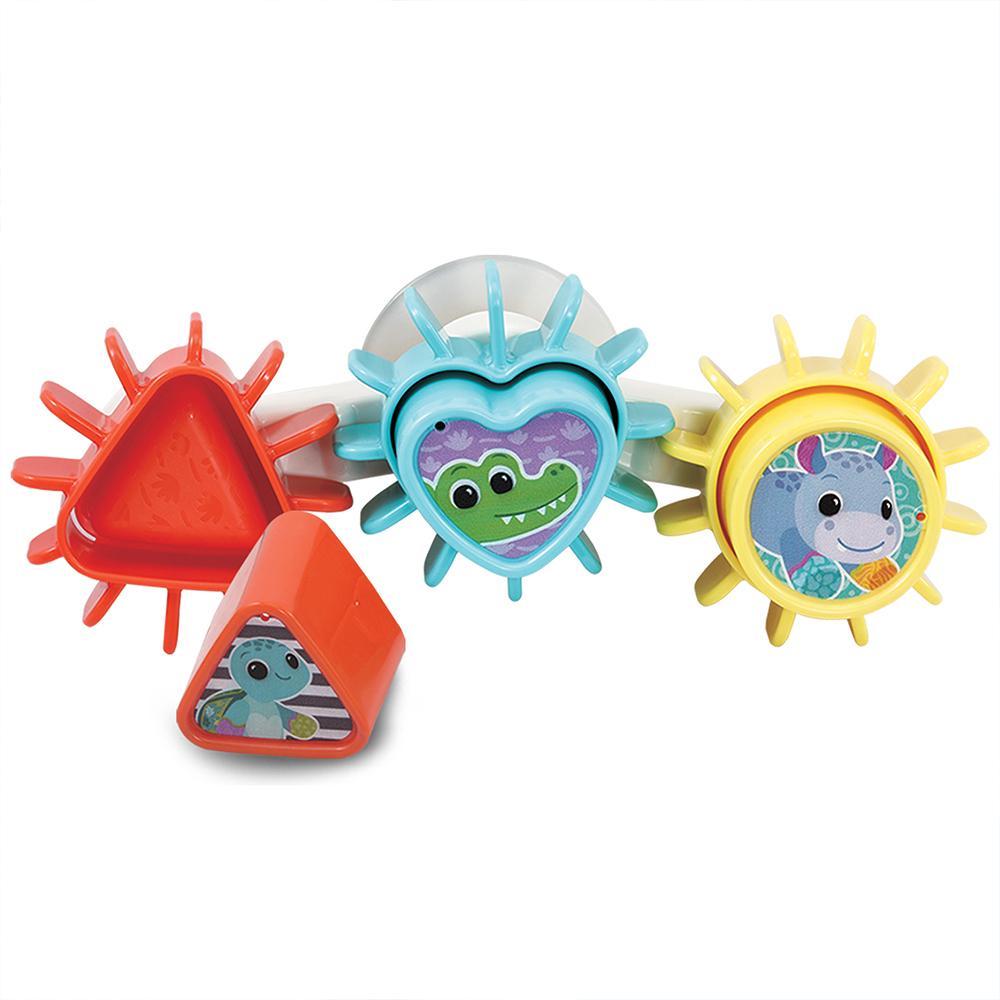 Buntes Babyspielzeug mit Zahnrädern und Tiergesichtern: ein Krokodil, ein Nilpferd und eine Schildkröte. Der Hintergrund ist weiß.