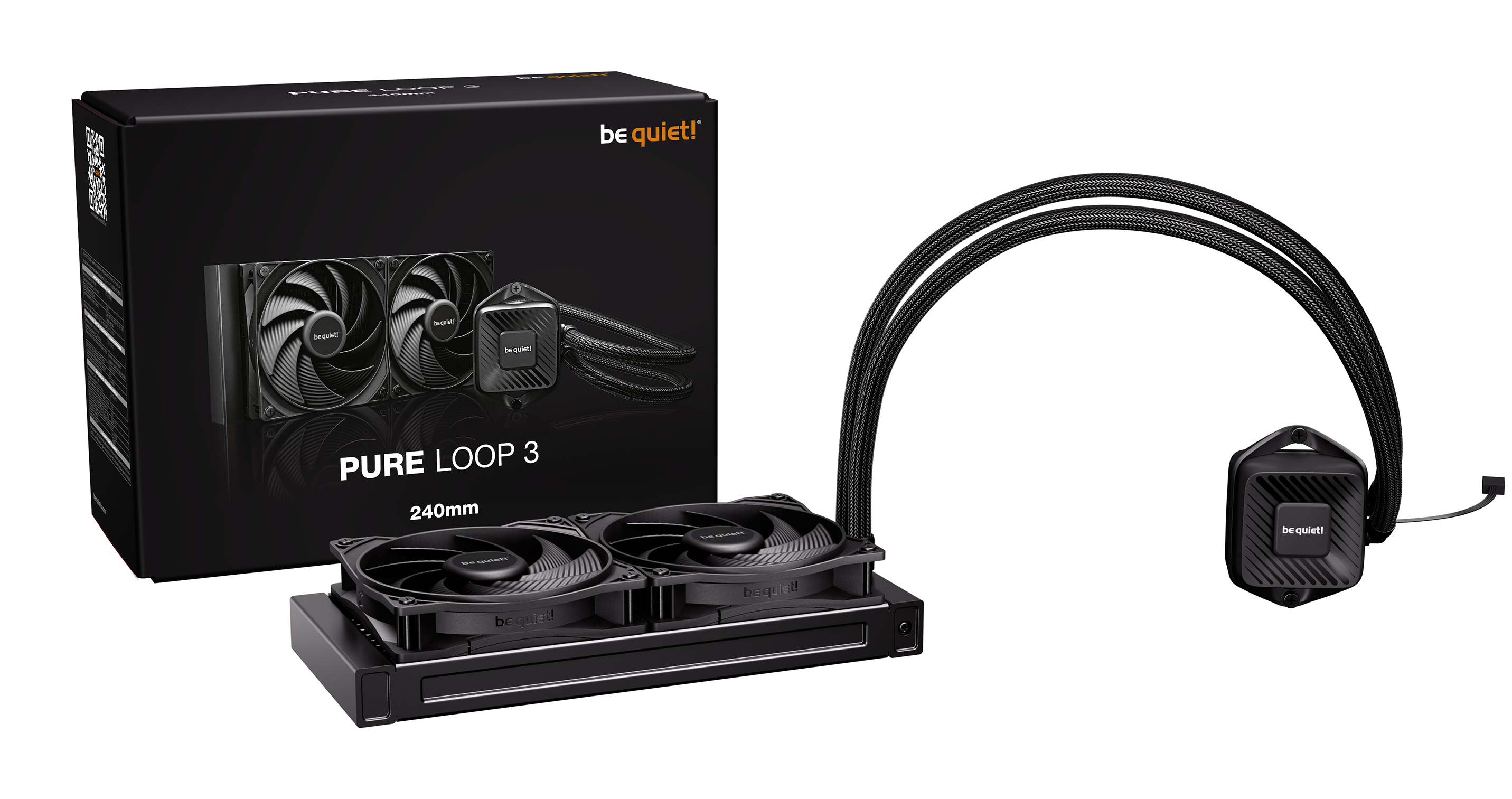 A black computer liquid cooler, be quiet! Pure Loop 3, with two fans, a radiator, and a pump. The box is also present.