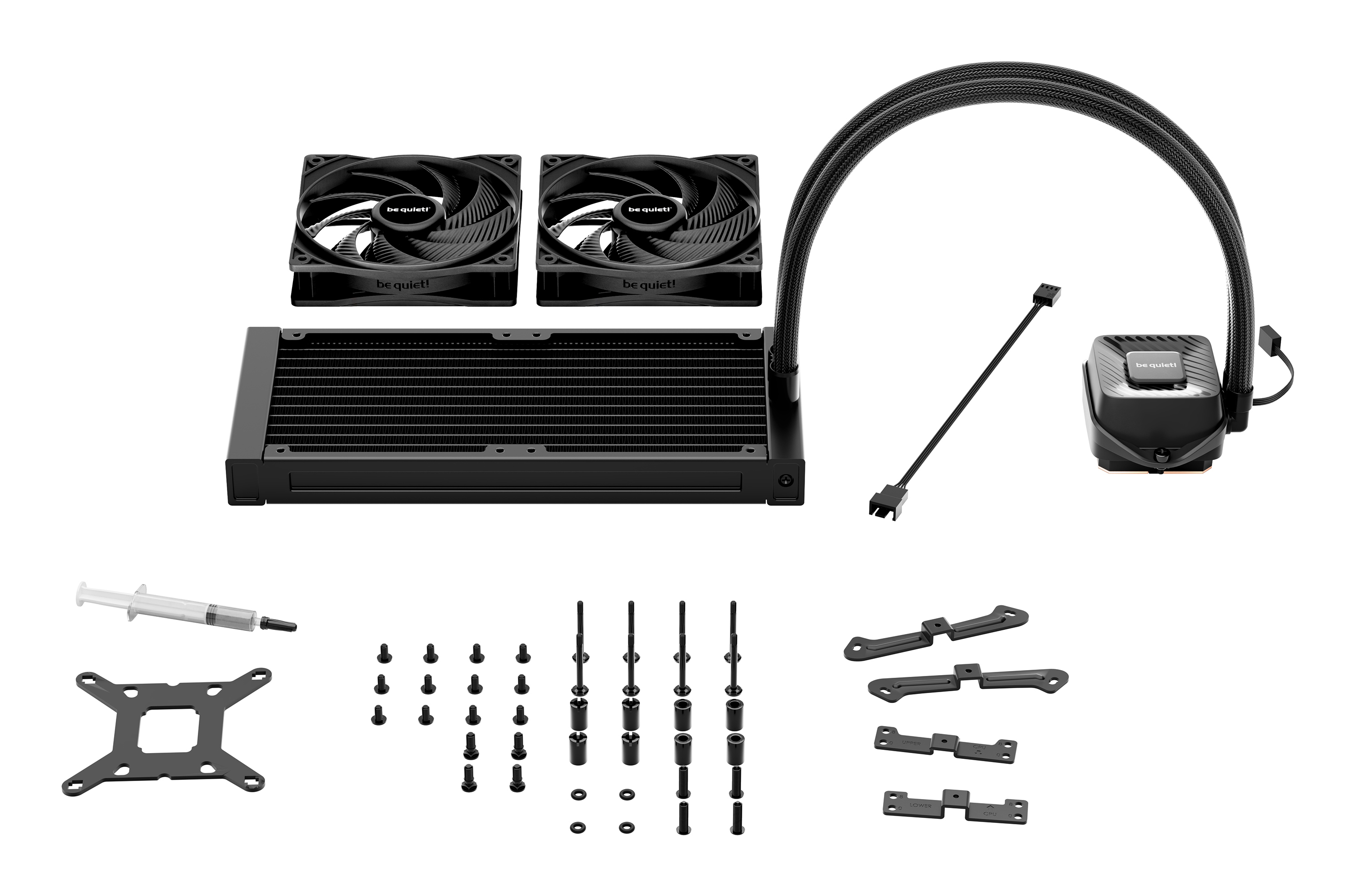 A computer liquid cooling system with two fans, a radiator, tubes, and mounting hardware, all on a white background.