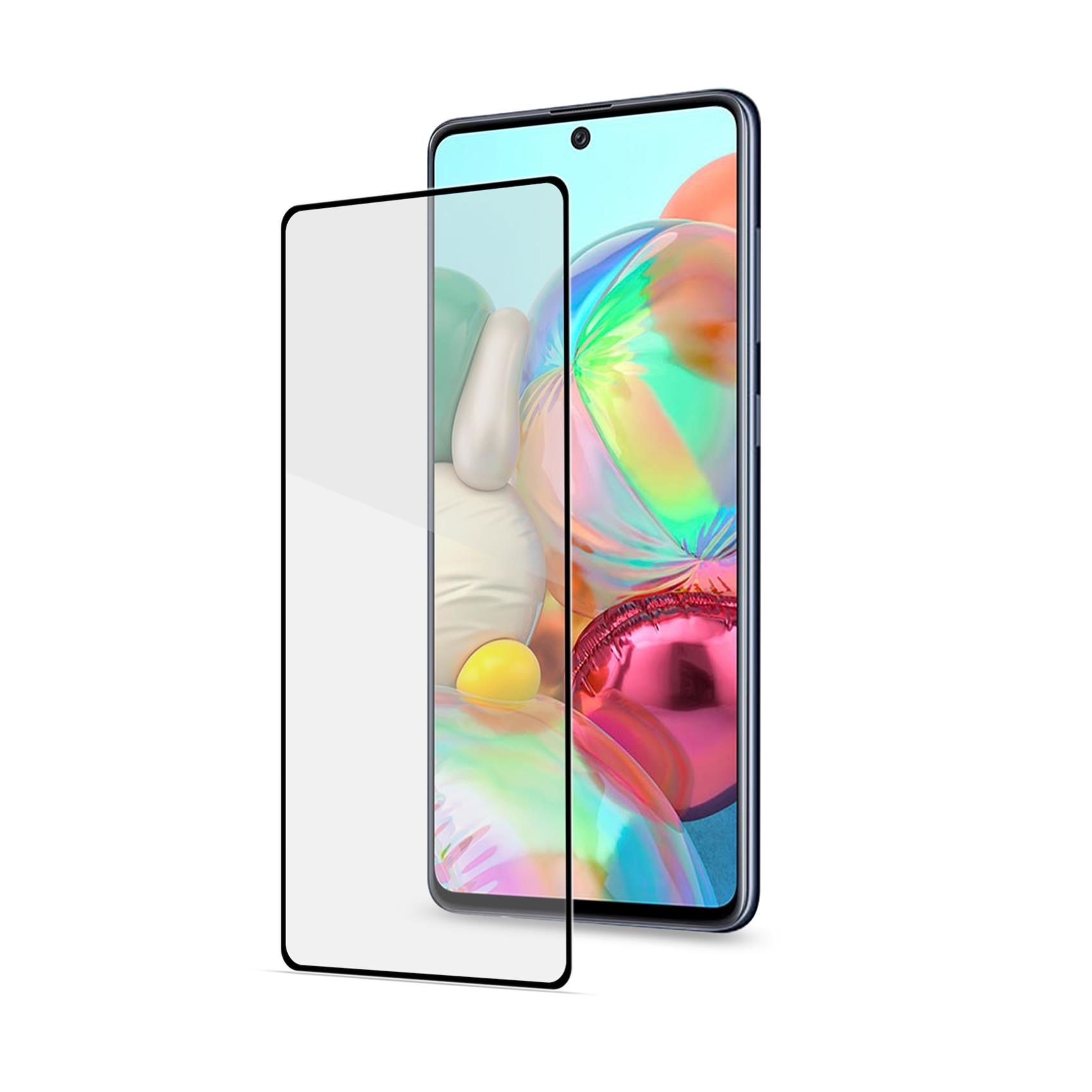 Uno smartphone con protezione schermo. Il telefono mostra arte astratta. La protezione è trasparente e rettangolare.