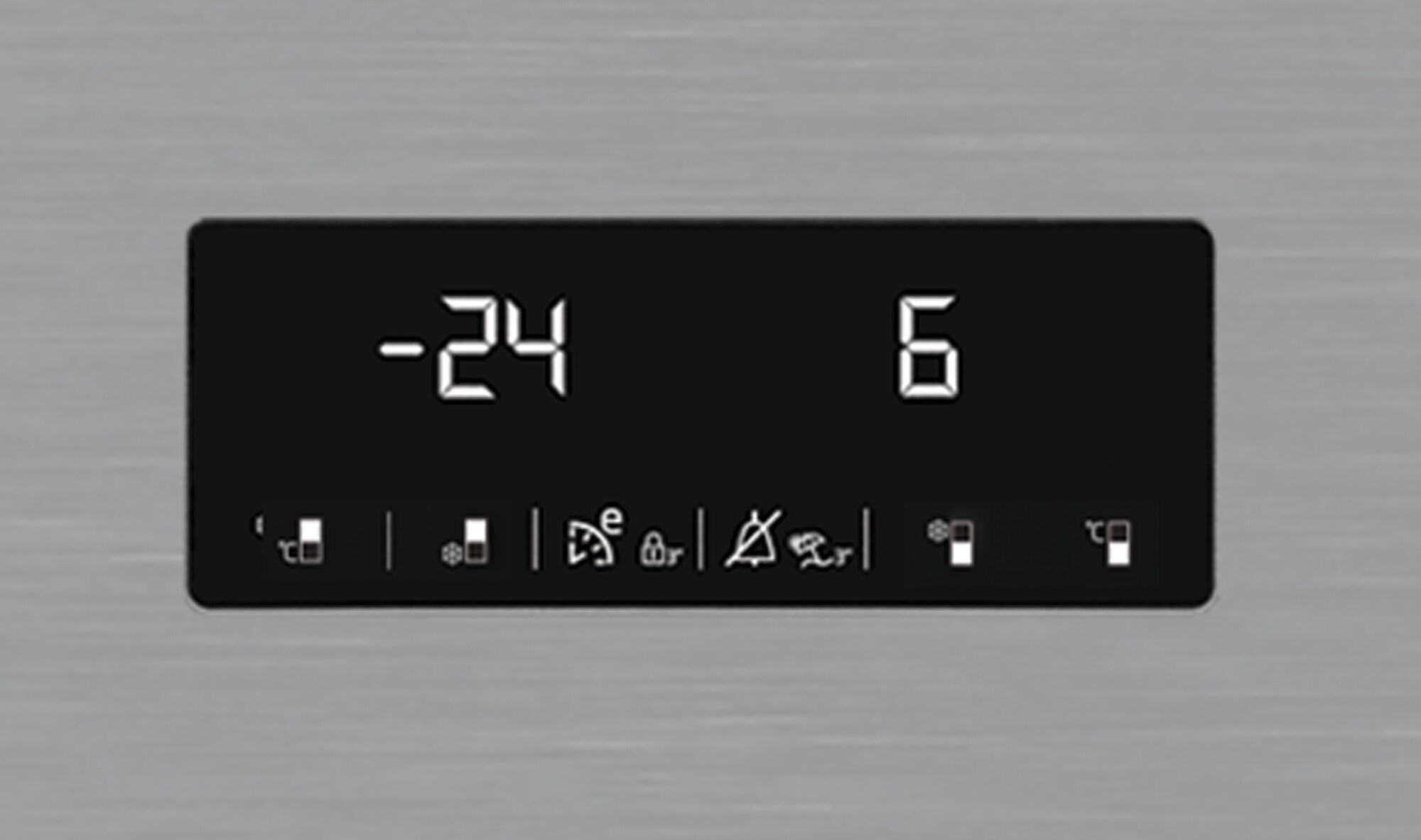 Display digitale nero con -24 e 6, con varie icone sotto, probabilmente per un frigorifero o congelatore.