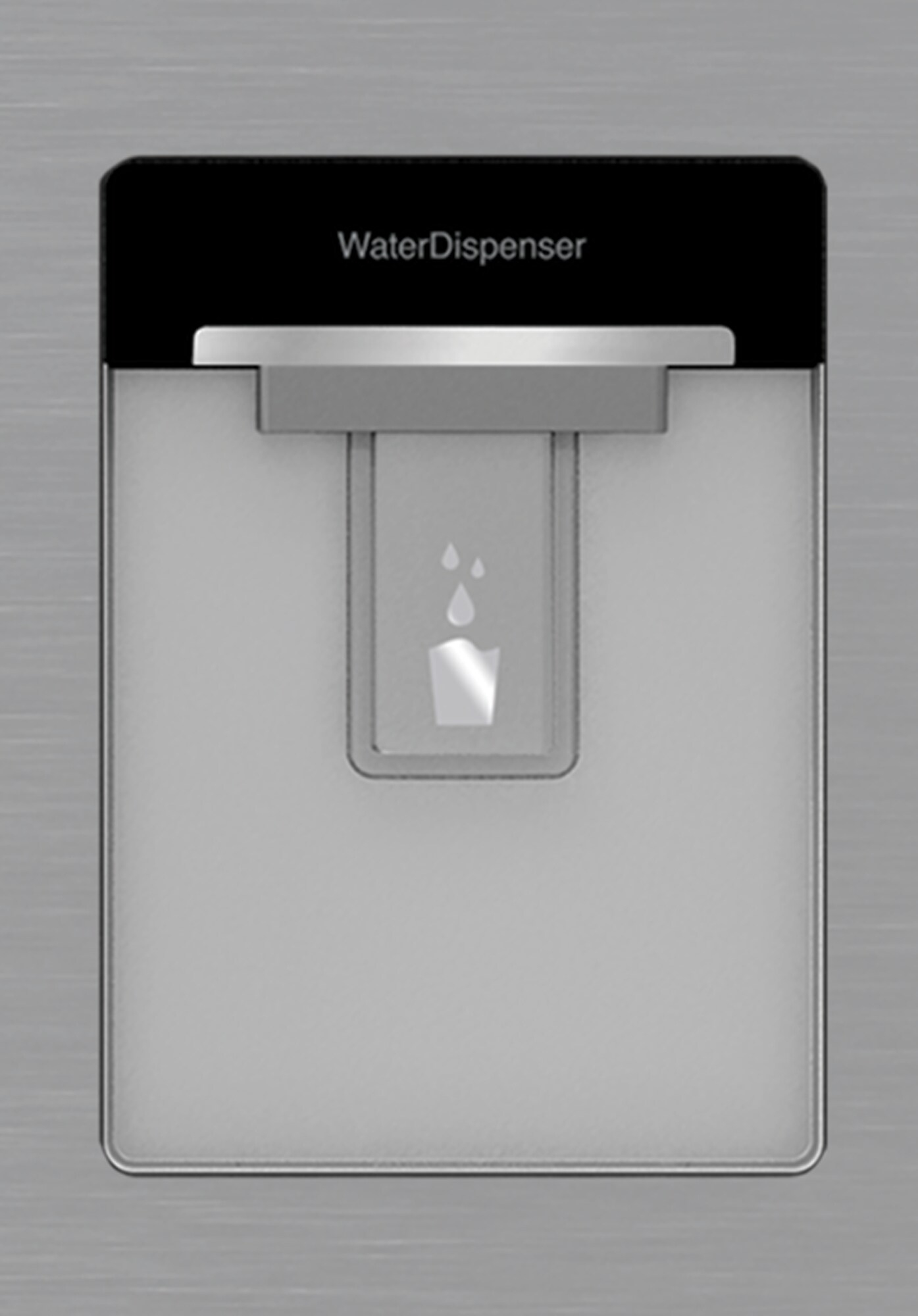 Primo piano di un distributore d'acqua. Ha una parte superiore nera con la scritta 'WaterDispenser'. Sotto, un'area di erogazione.