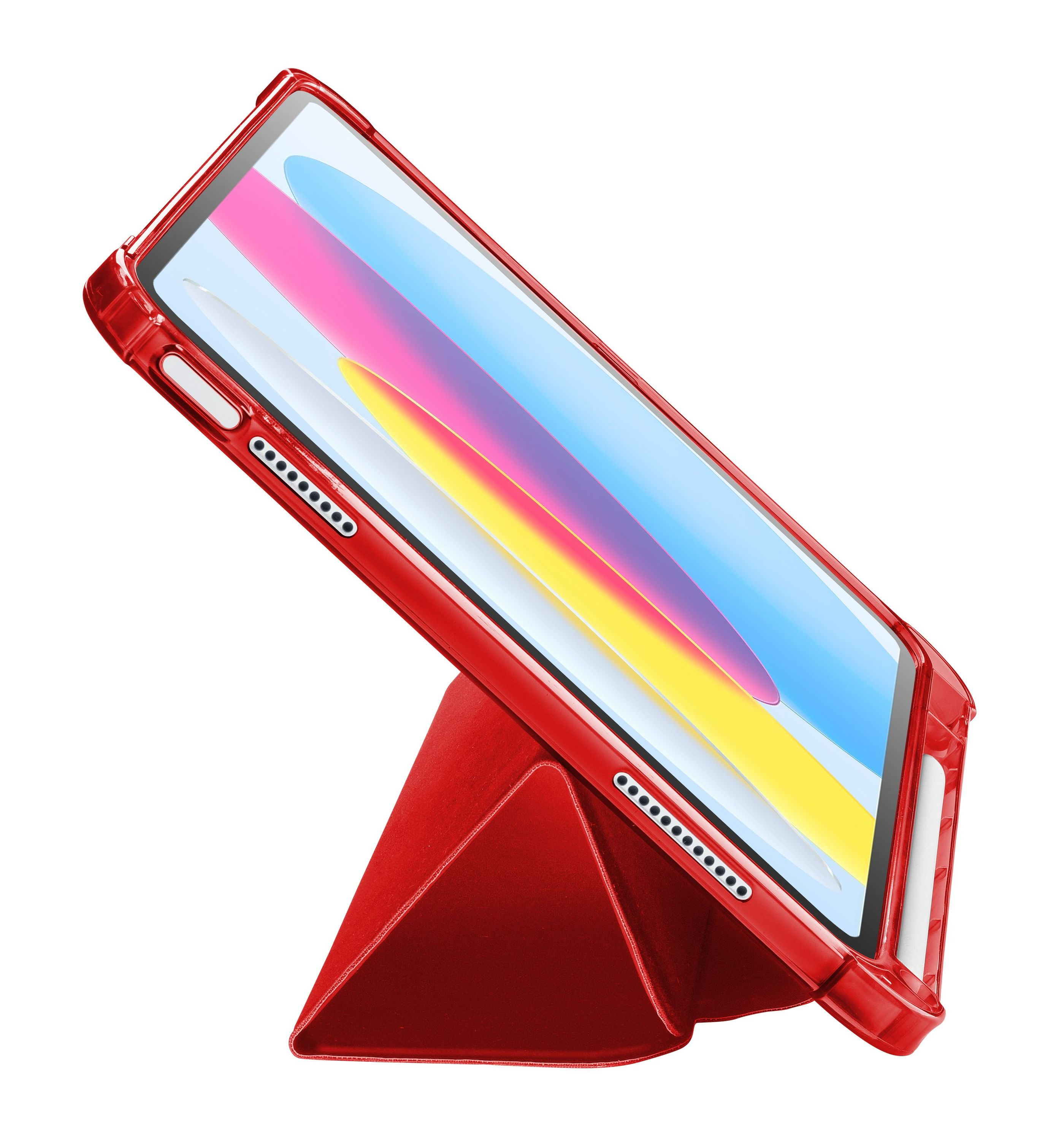 Tablet rosso in una custodia rossa, sorretto da un supporto rosso. Lo schermo mostra forme astratte colorate.