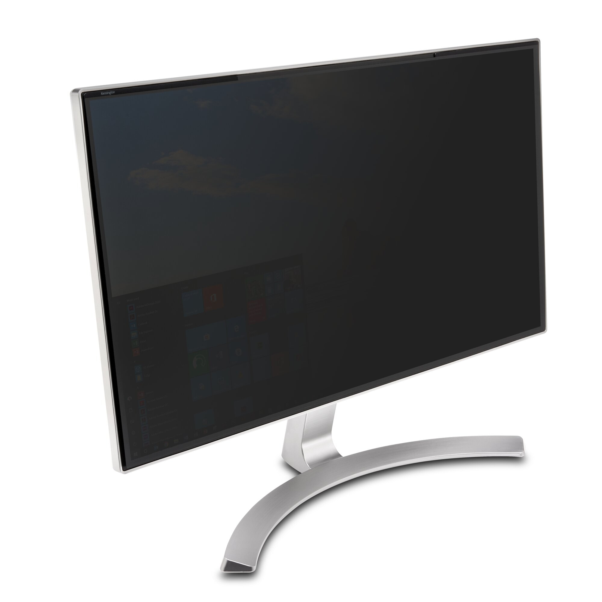 Un monitor de computadora con pantalla oscura sobre fondo blanco. Tiene soporte y marco plateados.