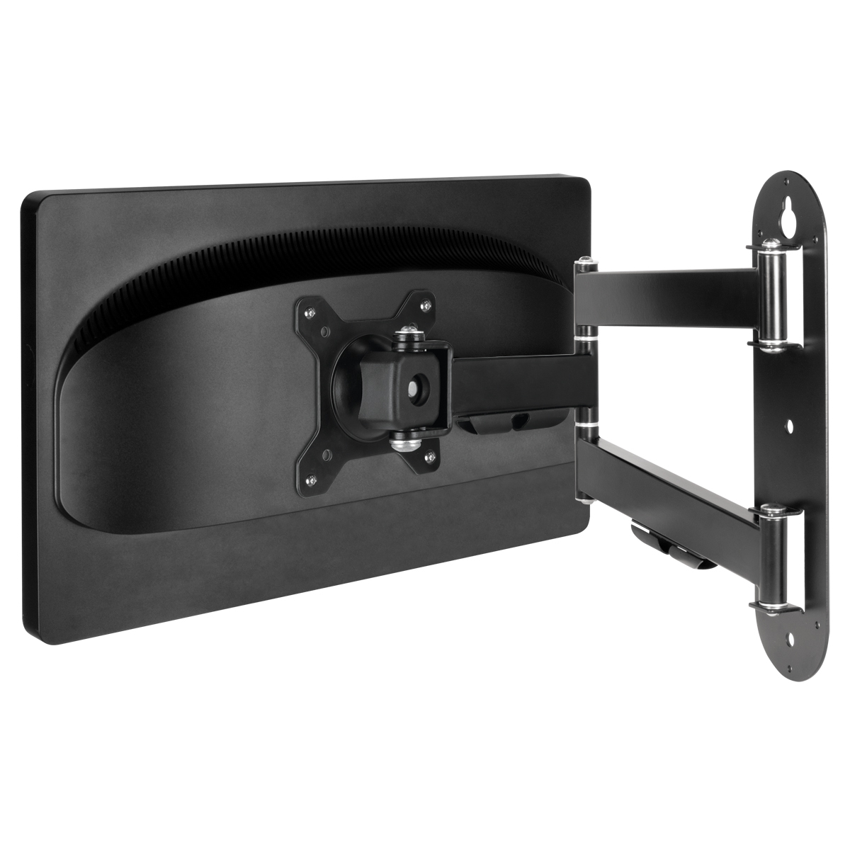 Ein schwarzer Computermonitor ist an einer schwarzen Wandhalterung befestigt. Die Rückseite des Monitors ist sichtbar, mit dem Arm der Halterung.