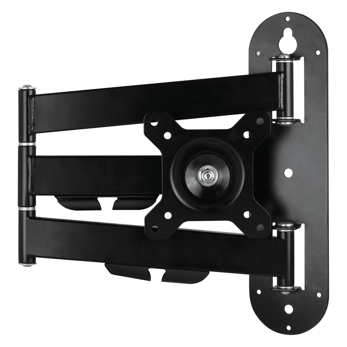 Eine schwarze, bewegliche TV-Halterung. Sie hat eine Wandplatte, Schwenkarme und eine Halterung zur Befestigung am Fernseher. Schrauben sind sichtbar.