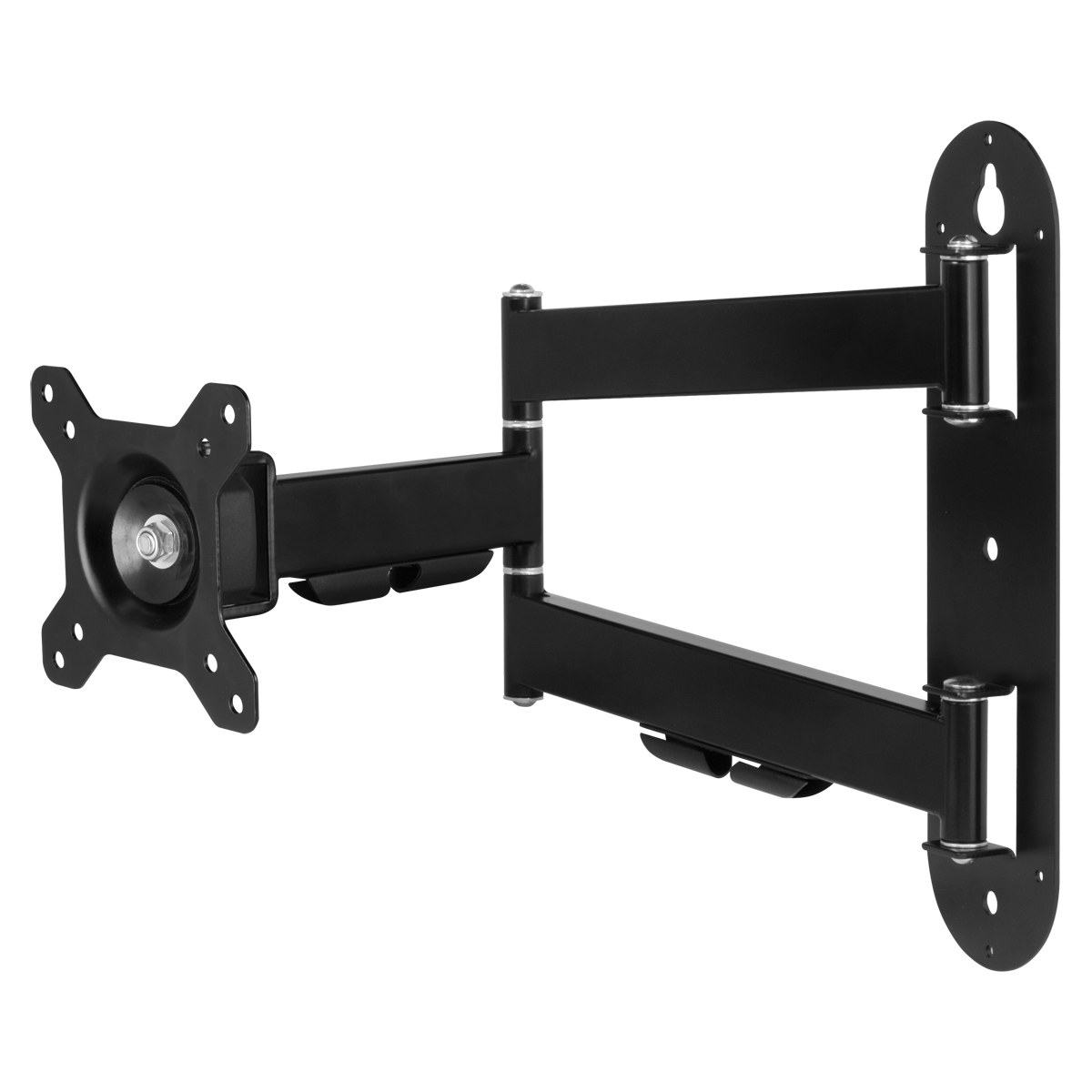 Eine schwarze, bewegliche TV-Wandhalterung. Sie hat eine Montageplatte, zwei Arme und eine Halterung für den Fernseher. Isoliert auf Weiß.
