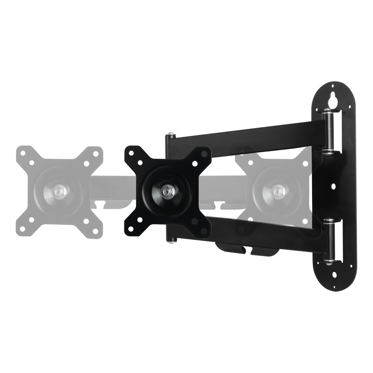 Schwarzer, an der Wand befestigter Monitorarm. Er hat eine Schwenk- und Neigefunktion. Inklusive Montageplatte und Armkomponenten.