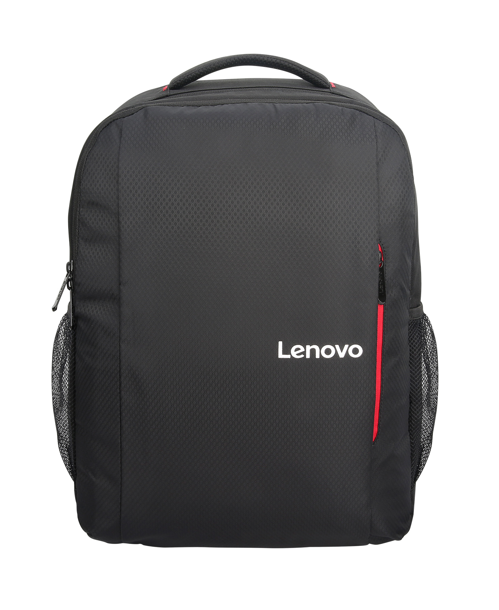 Czarny plecak Lenovo. Ma czerwony pasek z przodu i boczne kieszenie z siatki. Uchwyt jest na g órze.