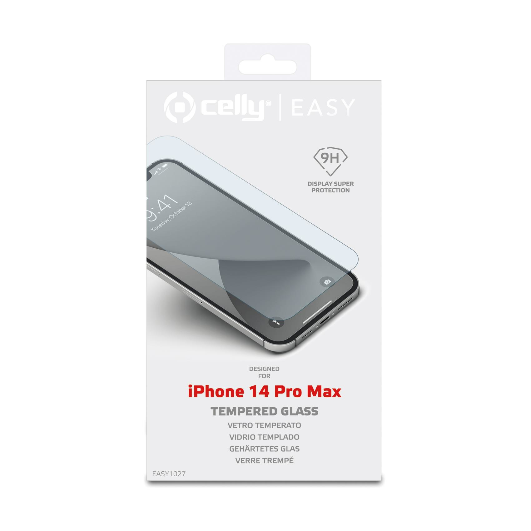Un telefono con protezione schermo in una scatola, progettato per iPhone 14 Pro Max. La scatola ha il marchio e l'ora del telefono.