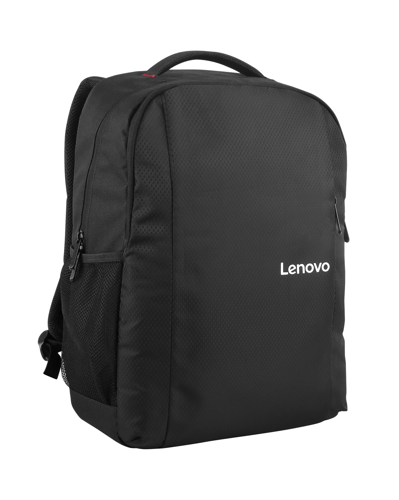 Czarny plecak Lenovo. Ma uchwyt, przednią kieszeń i logo Lenovo. Tło jest białe.