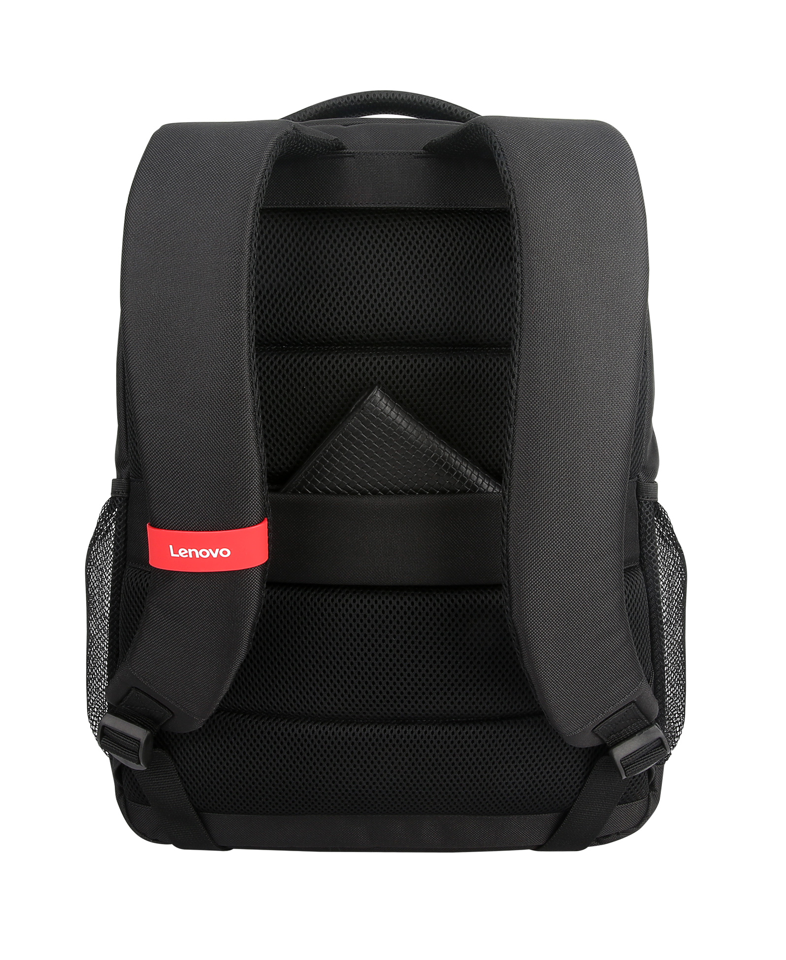 Czarny plecak Lenovo z czerwonym logo. Posiada siatkowy tył, paski na ramiona i kieszeń. Izolowany na białym tle.