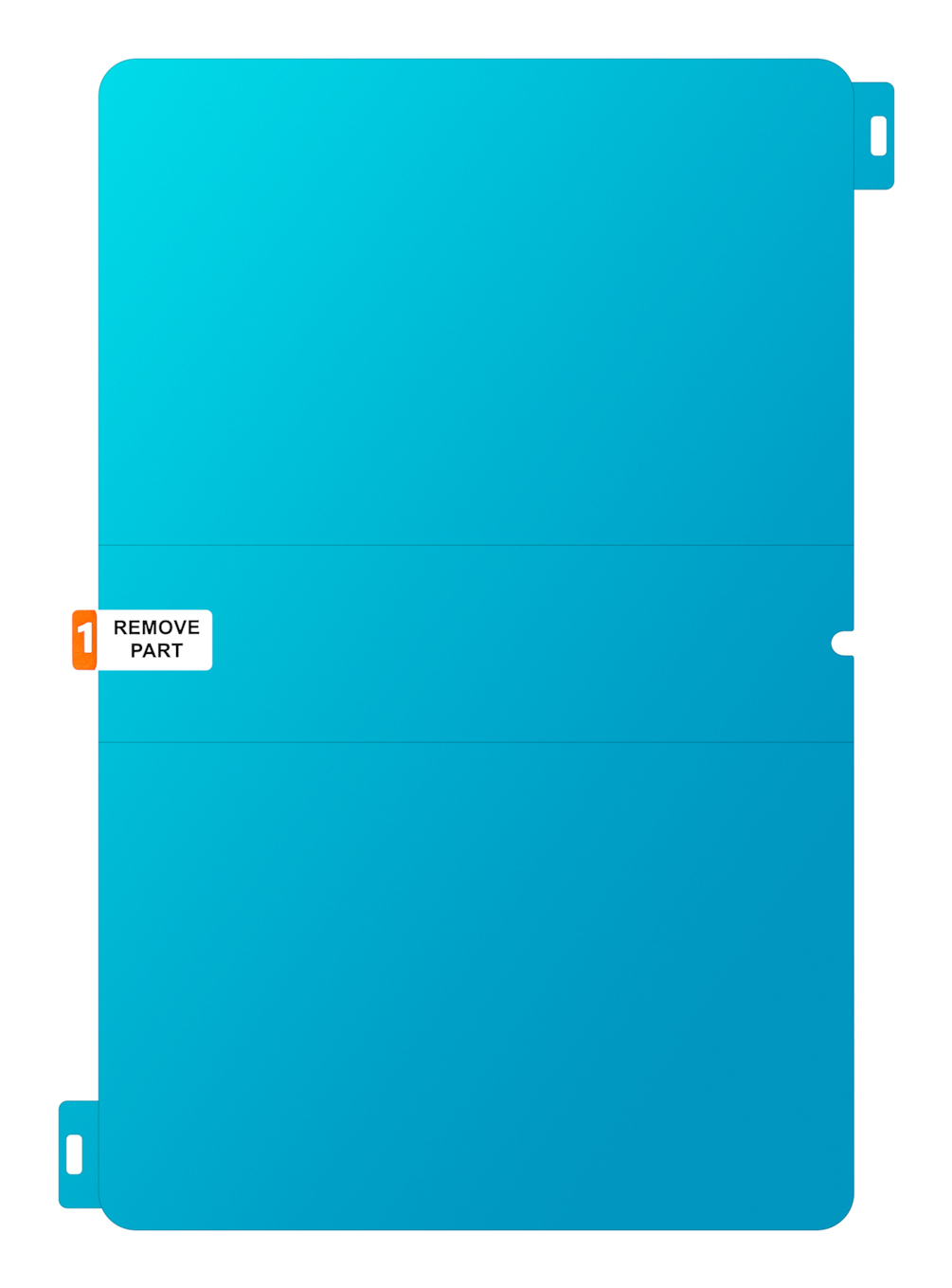 Niebieski prostokąt z zaokrąglonymi rogami i dwoma małymi prostokątami po bokach. Etykieta mówi 'Usuń część'.