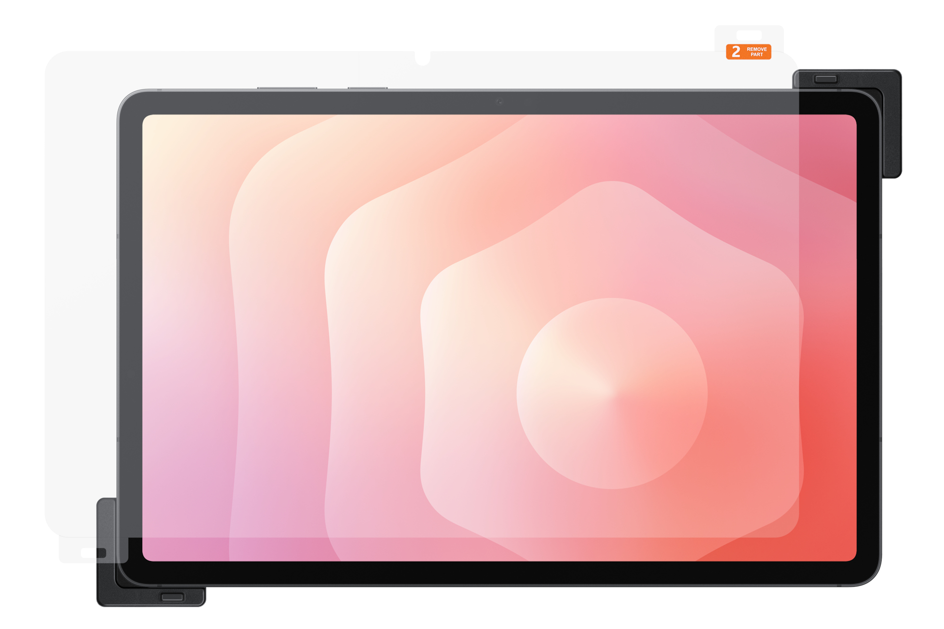 Tablet z nałożoną ochroną ekranu. Ekran wyświetla gradient różowych i brzoskwiniowych kolorów.