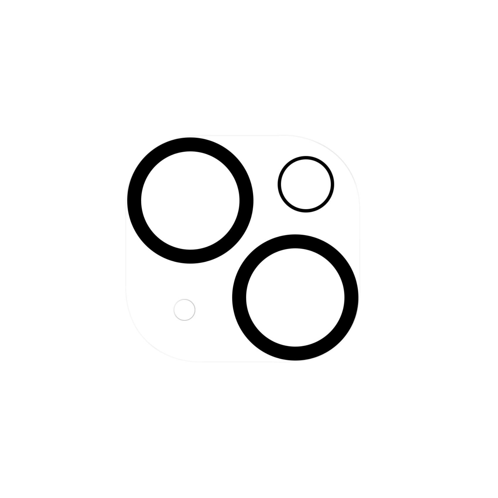 L'immagine mostra uno sfondo bianco con un design del modulo fotocamera. Ha tre cerchi neri e uno bianco più piccolo.