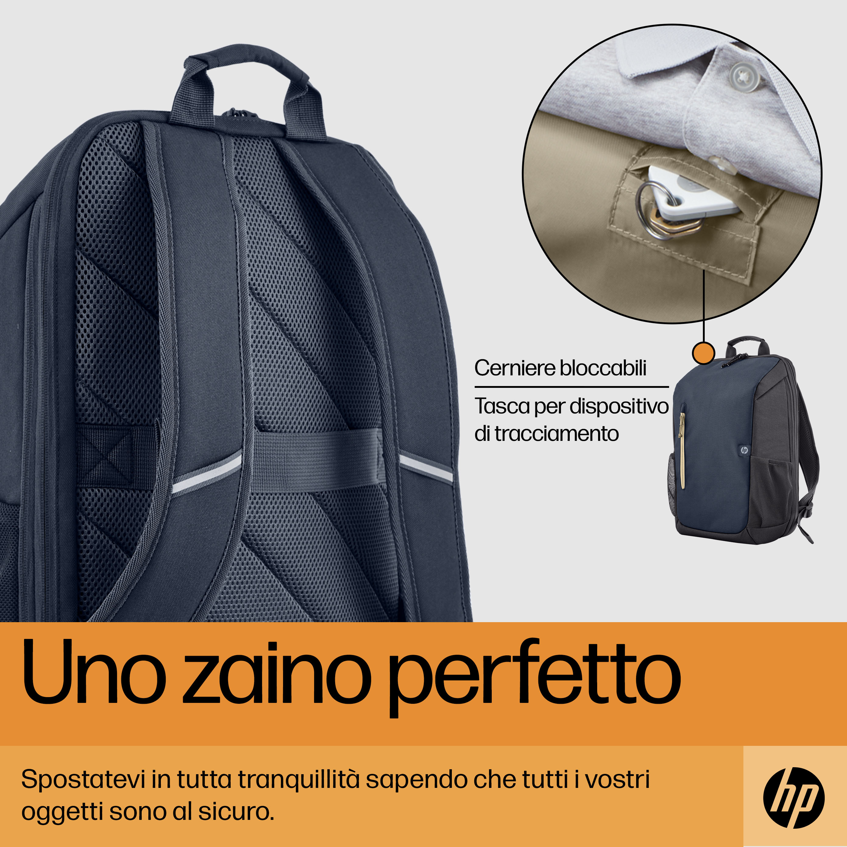 L'immagine mostra uno zaino blu scuro con un piccolo dettaglio della tasca. Il testo dice 'Uno zaino perfetto' e il logo 'HP'.