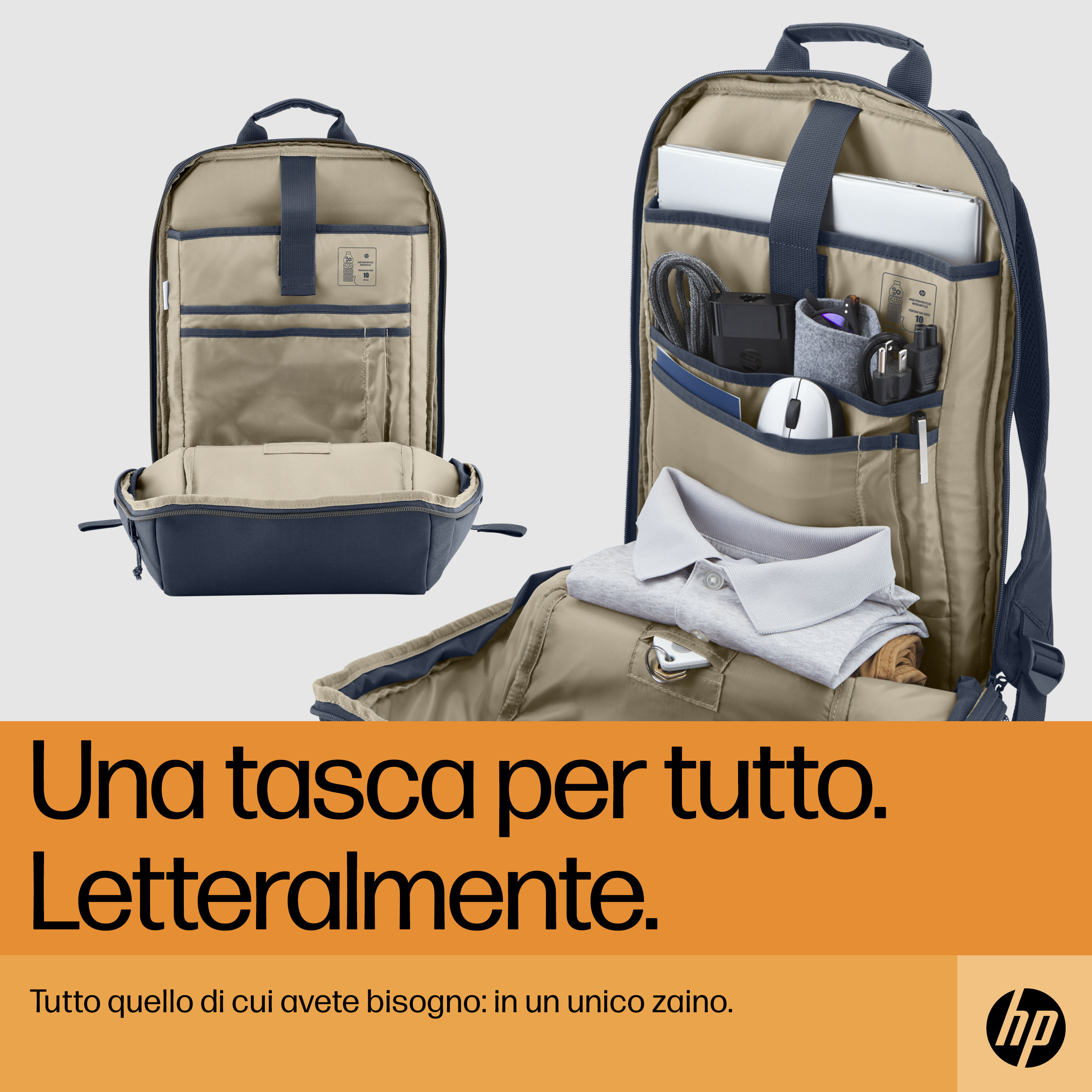 L'immagine mostra uno zaino aperto con vari oggetti all'interno, una camicia, un laptop, un mouse e altri accessori.