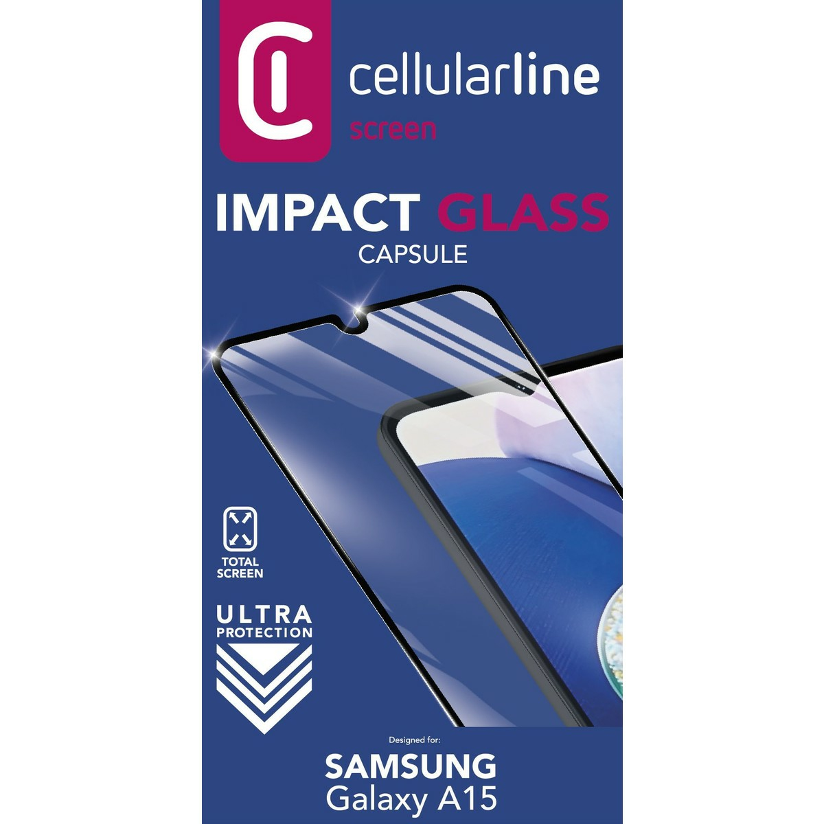 Un proteggi schermo per telefono con il logo Cellularline. Il testo recita 'Impact Glass Capsule' con 'Samsung Galaxy A15' in basso.