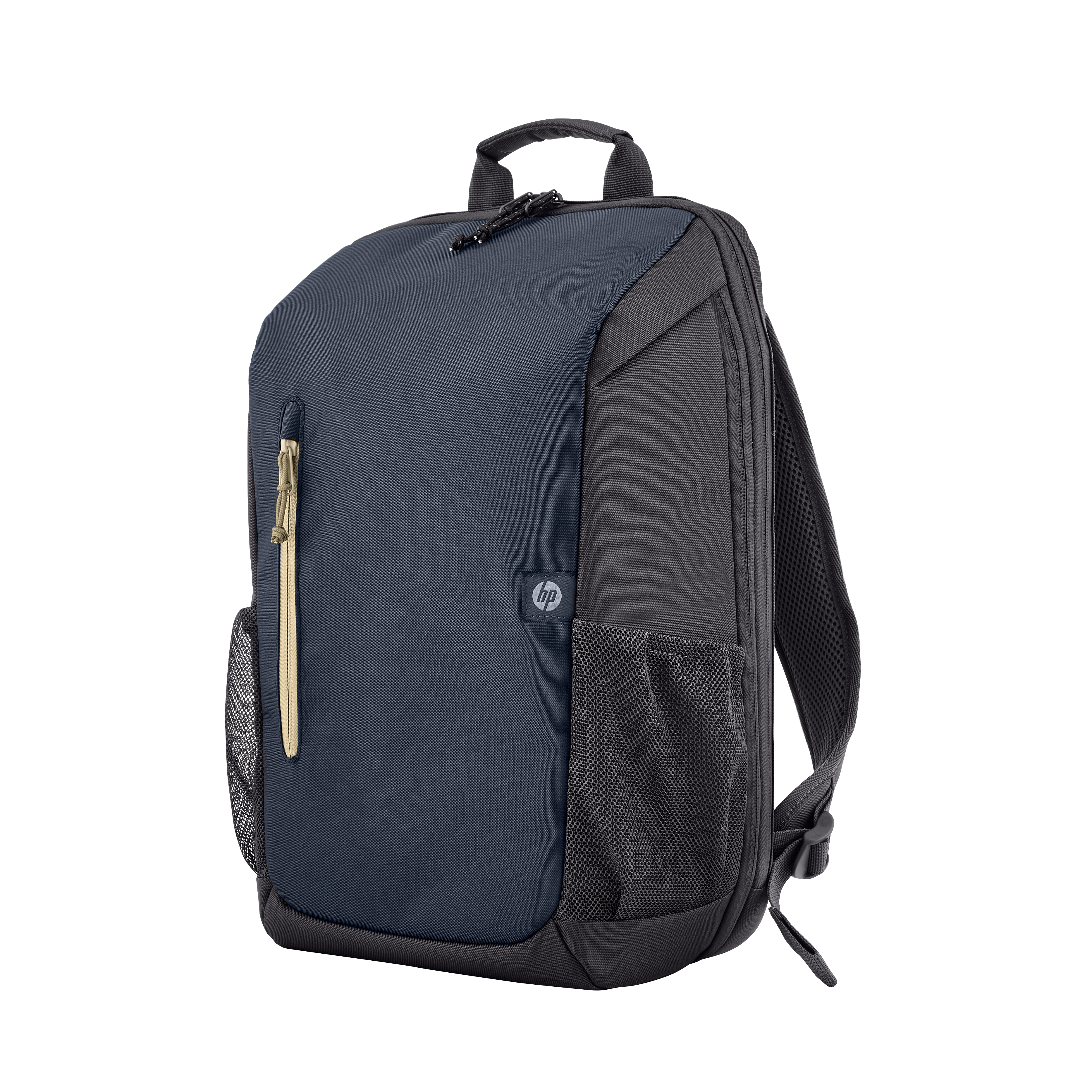 Uno zaino HP blu navy e nero. Ha una cerniera, tasche a rete e un logo HP. Lo sfondo è bianco.