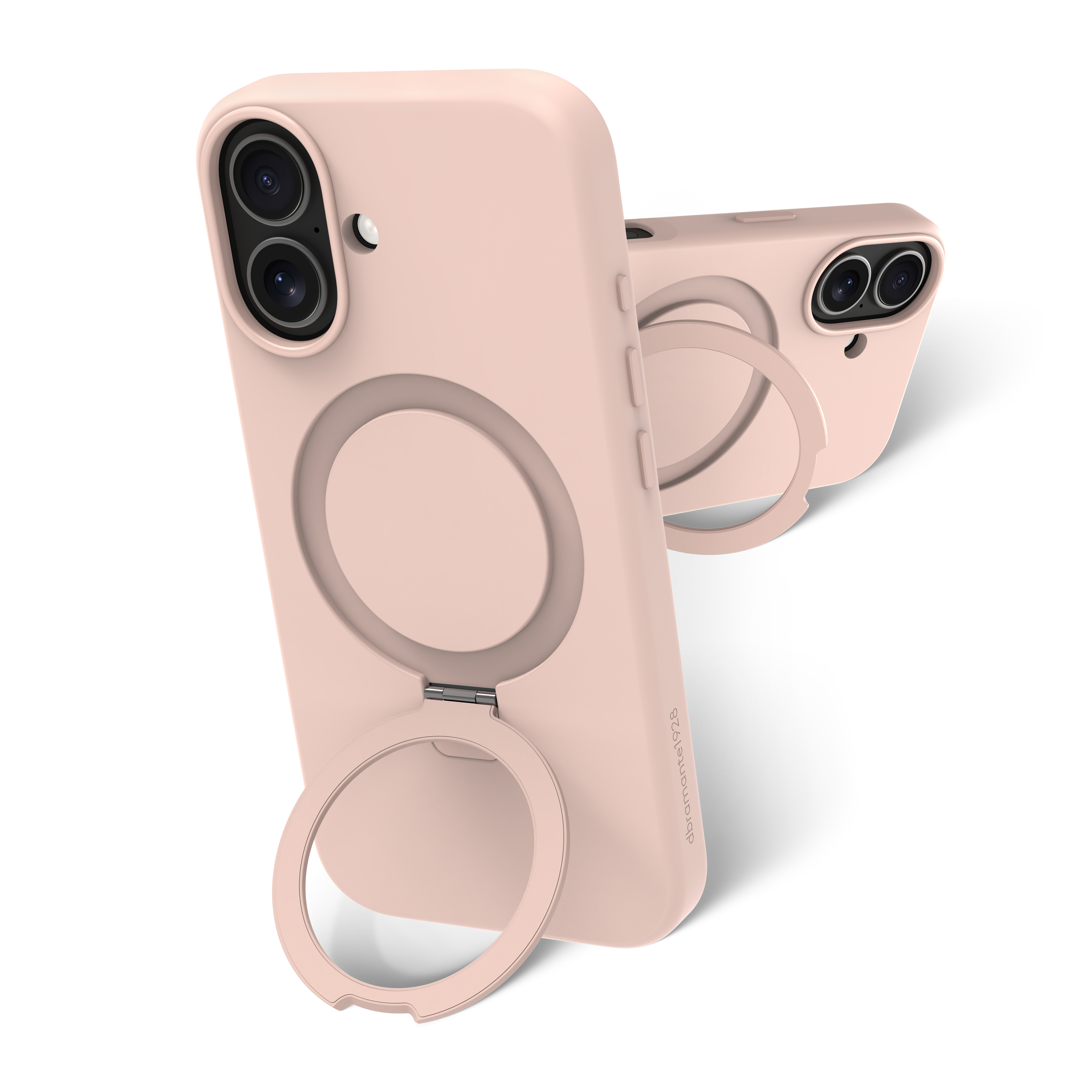 Una custodia per telefono rosa chiaro con un supporto ad anello, sono visibili due custodie. È su sfondo bianco, che proietta un'ombra.