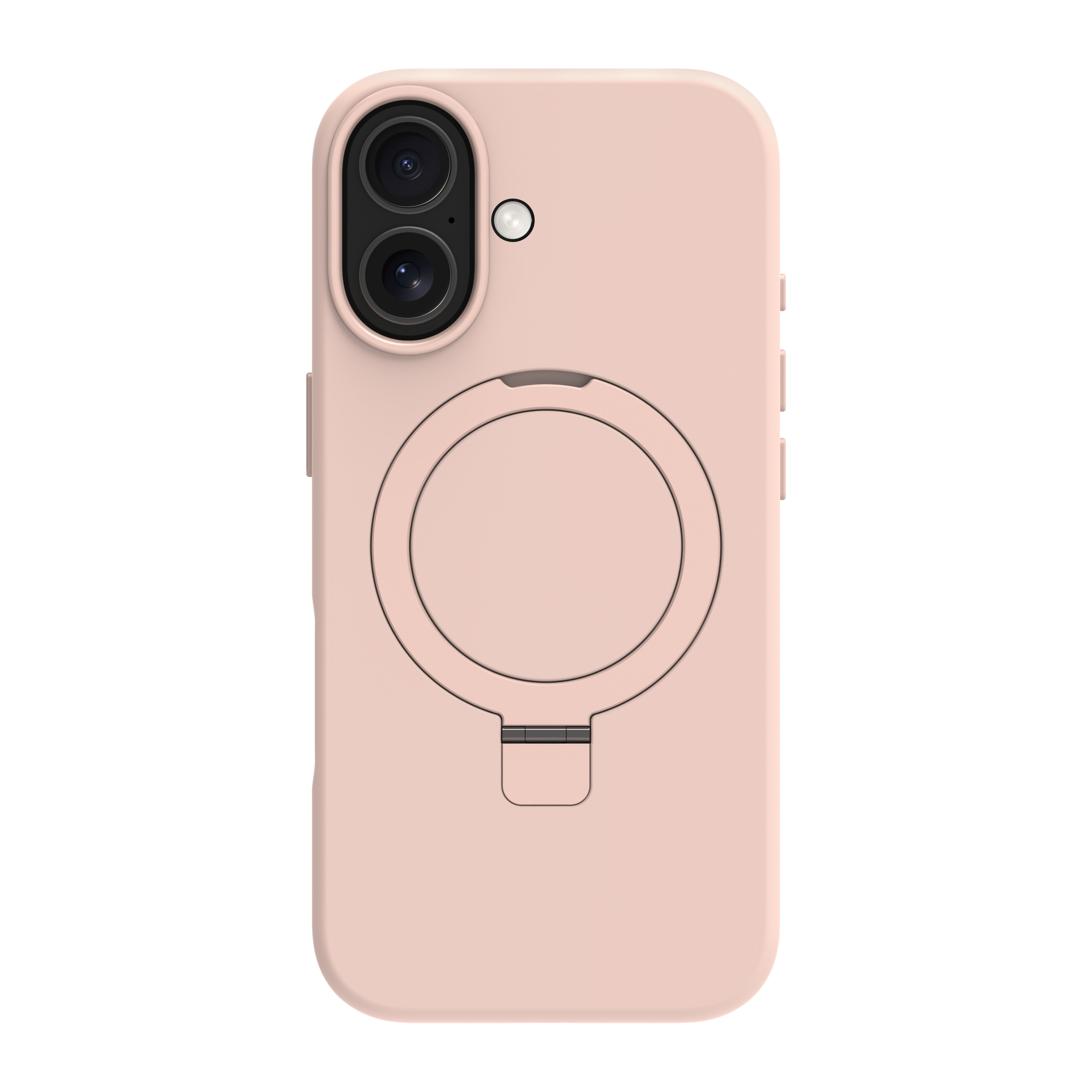 Una custodia per telefono rosa chiaro con un anello di supporto. Ha due fotocamere e un flash in alto.