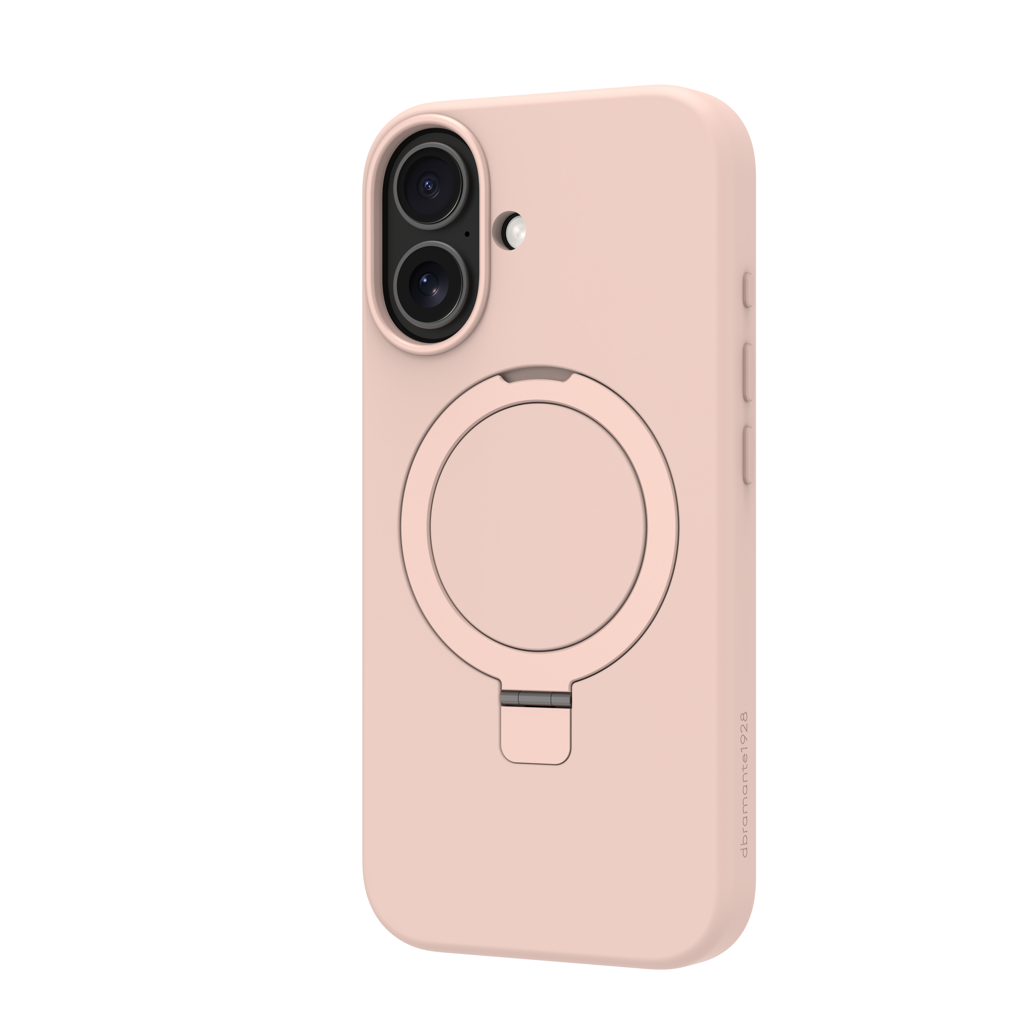 Una custodia per telefono rosa chiaro con un ritaglio per la fotocamera e un supporto circolare. Lo sfondo è bianco.