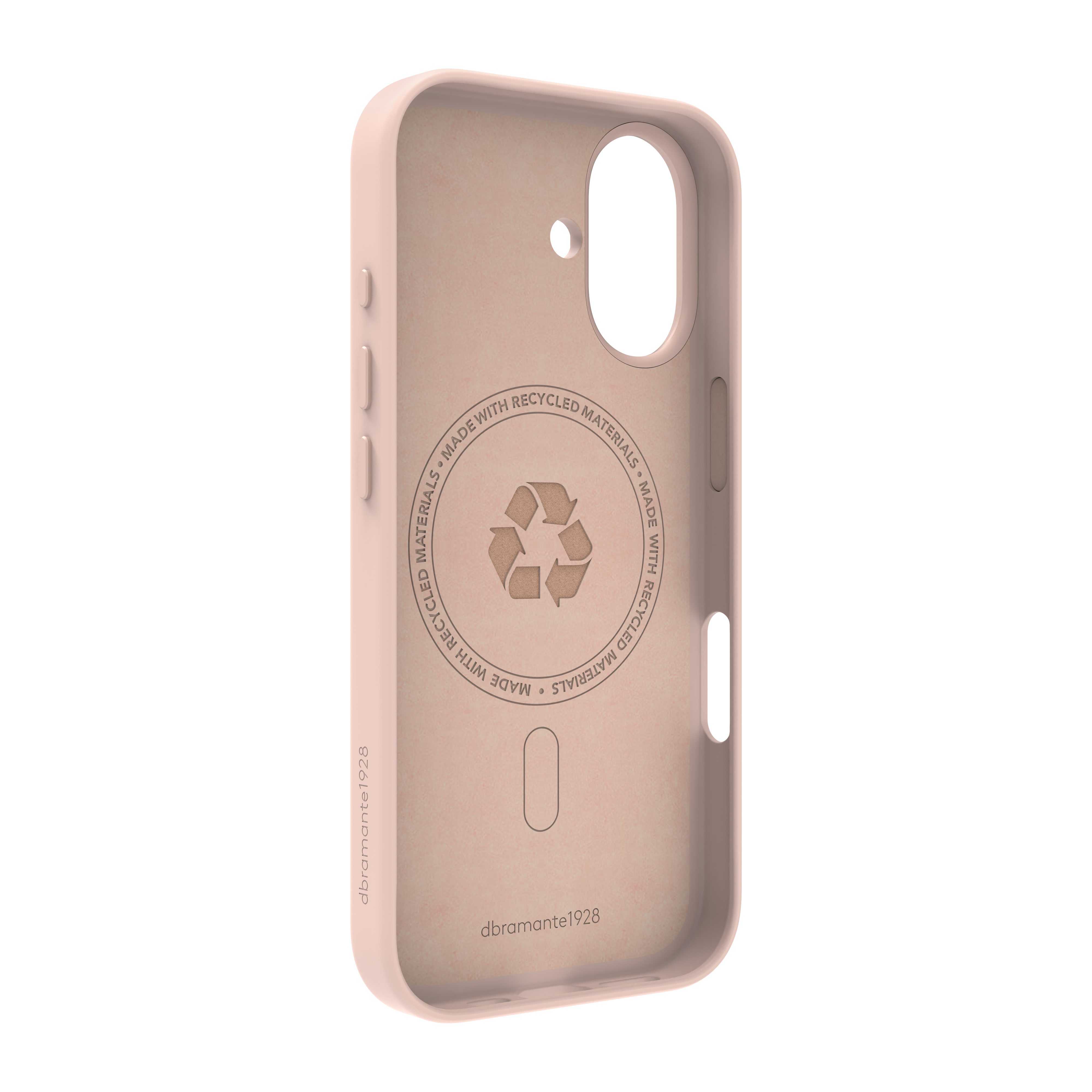 Interno di una custodia per telefono beige. Ha un simbolo di riciclo e la scritta 'Made with recycled materials'.
