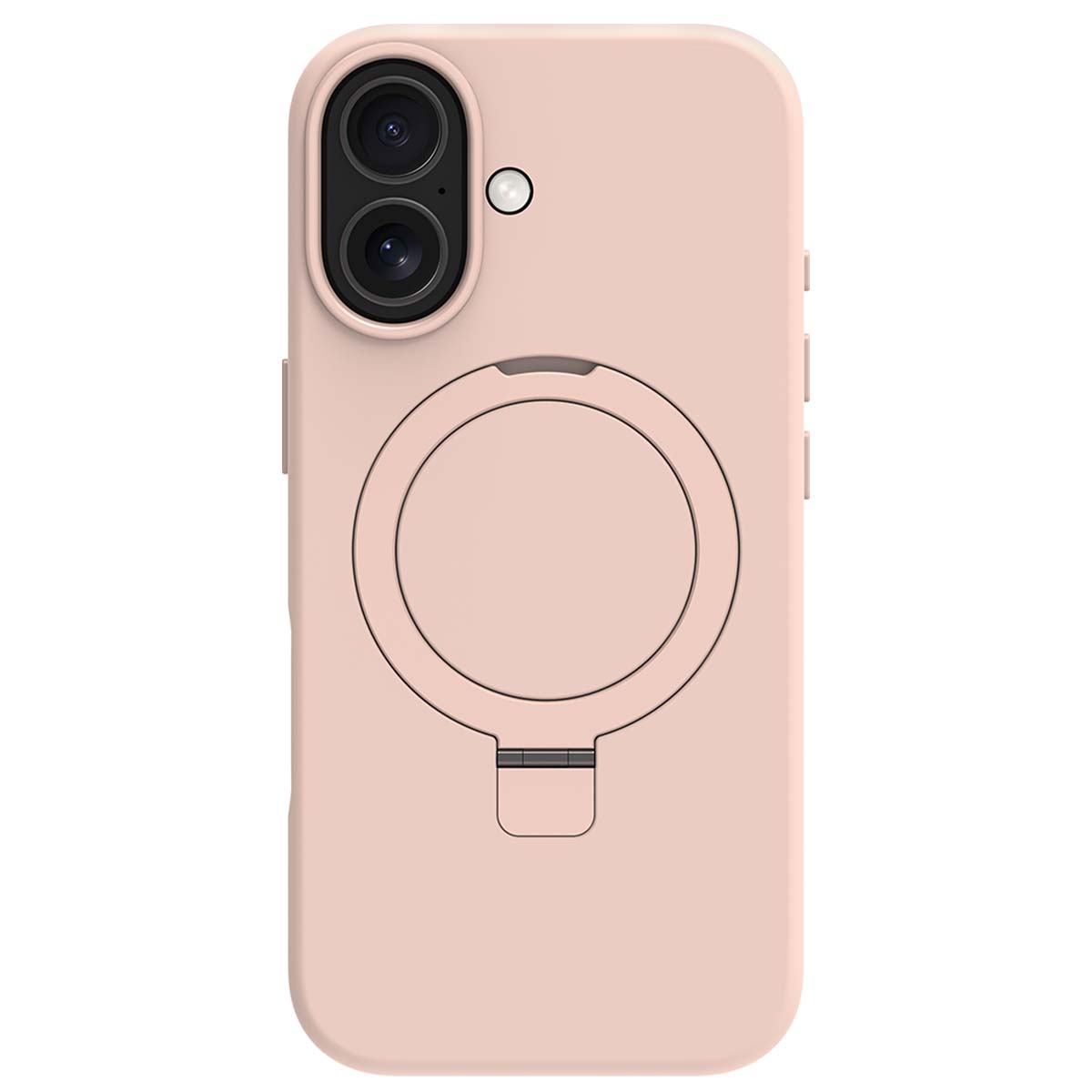 Custodia rosa per telefono con doppia fotocamera, supporto ad anello e pulsanti laterali. Lo sfondo è bianco.