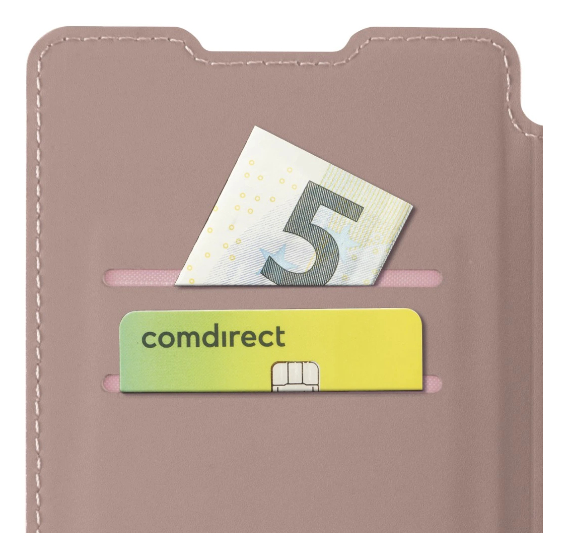 Ein Etui mit einem 5-Euro-Schein und einer Comdirect-Karte in den Taschen. Das Etui ist rosa-braun, mit weißen Nähten.