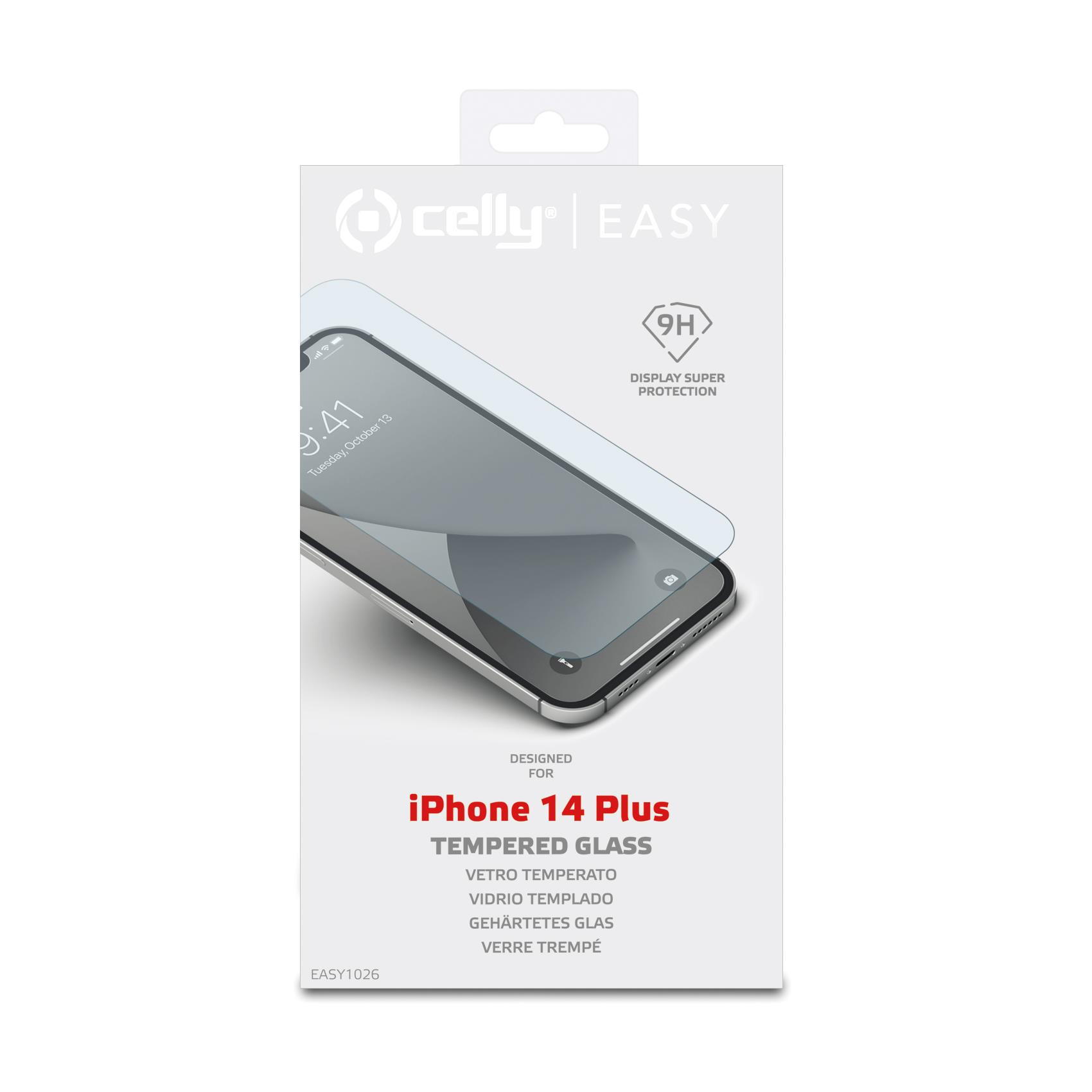 Scatola con iPhone 14 Plus e protezione schermo, con la scritta 'TEMPERED GLASS'. Mostra le 9:41, martedì 13 ottobre.