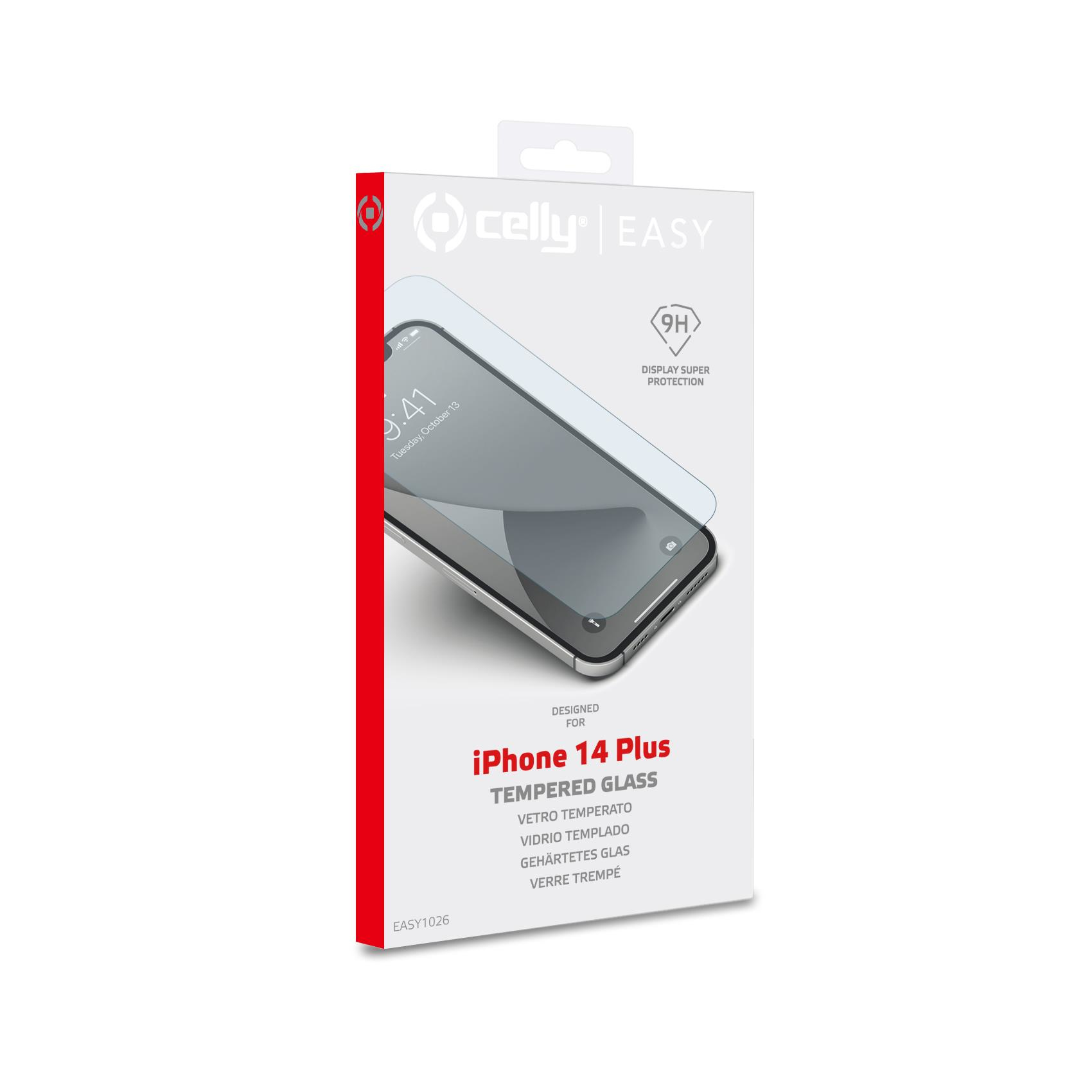 Scatola con protezione schermo per iPhone 14 Plus. La scatola ha l'immagine del telefono, il marchio e il testo sul vetro temperato.