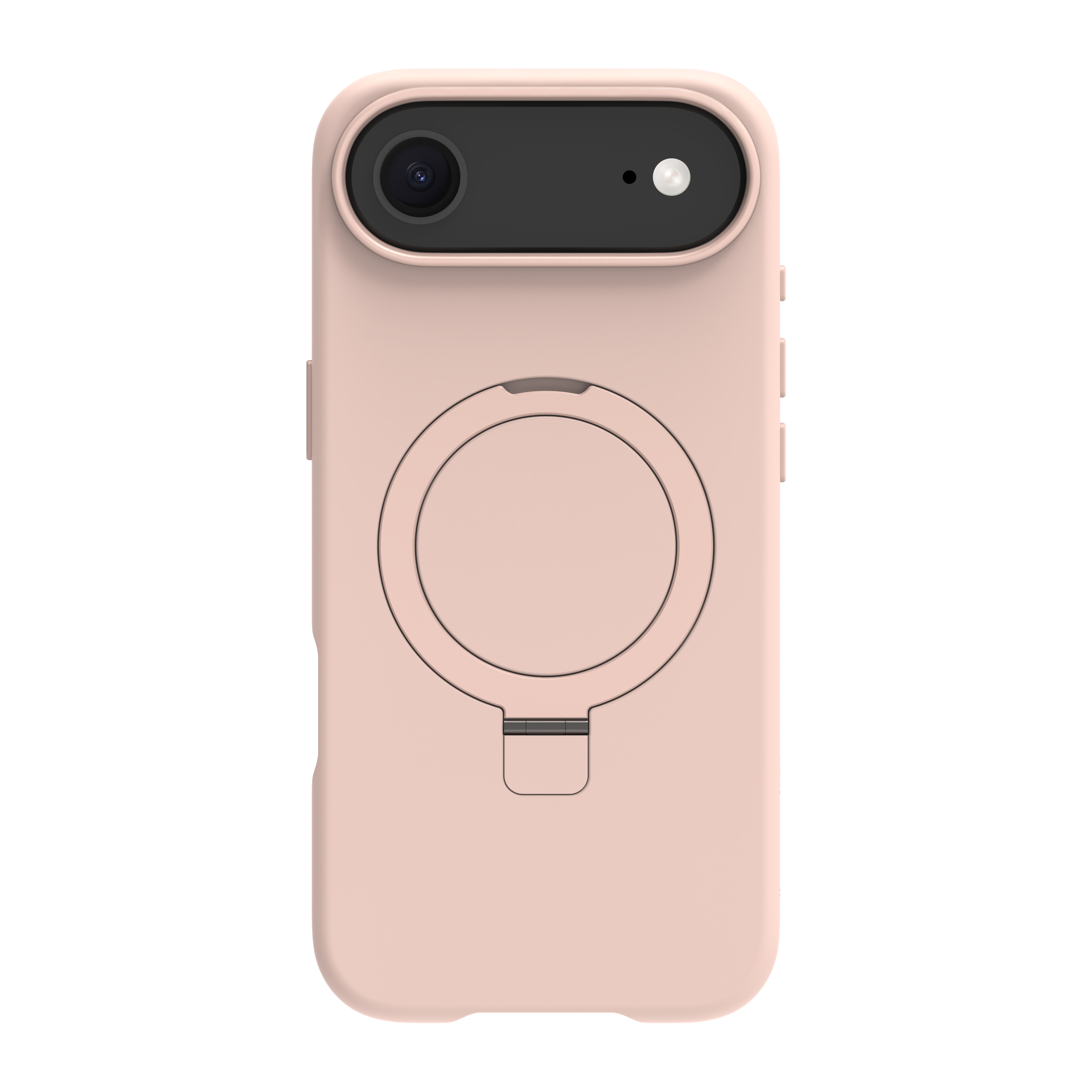 Una custodia rosa per telefono con area fotocamera nera, anello e supporto.