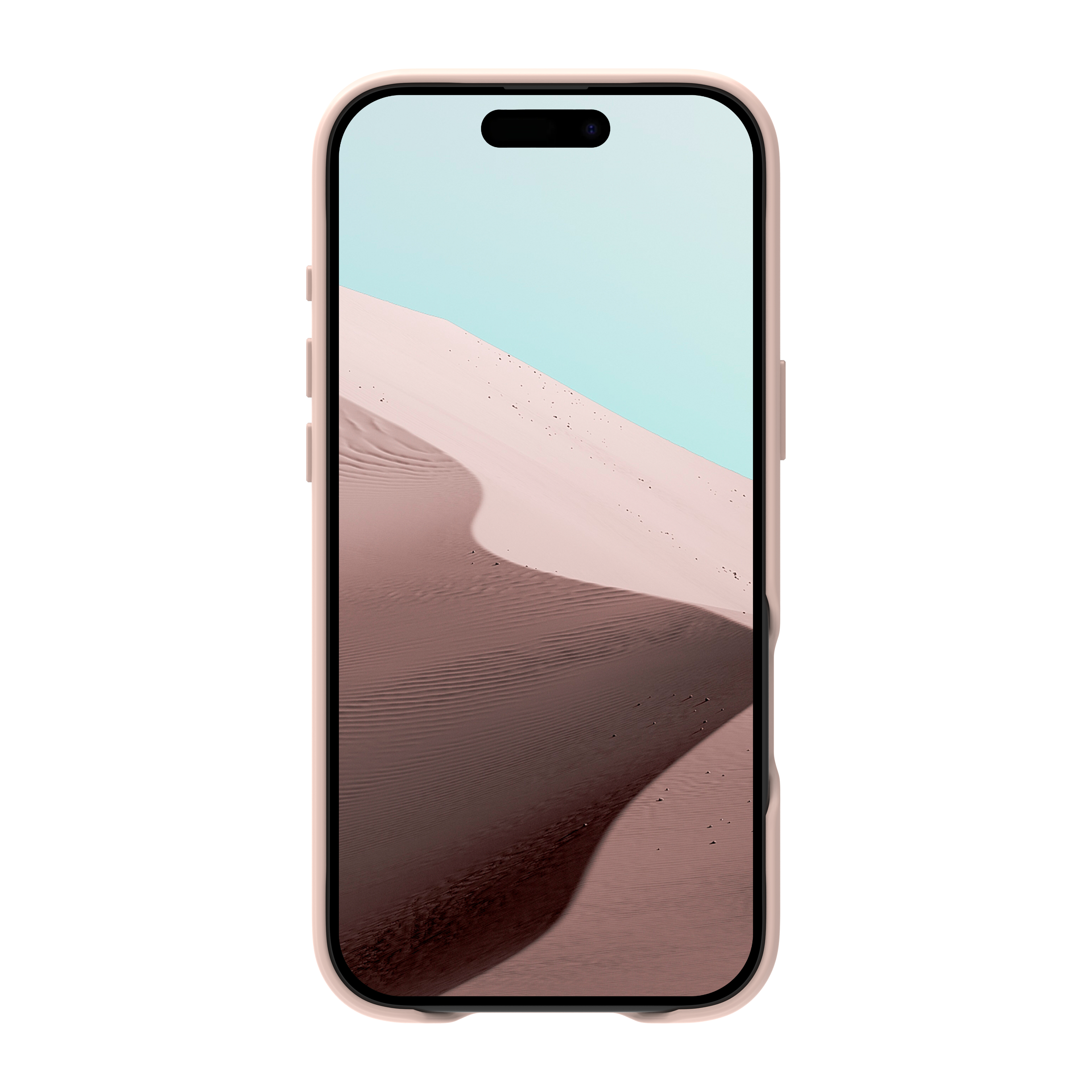 Telefono con paesaggio desertico sullo schermo. Custodia rosa, cielo azzurro e dune.