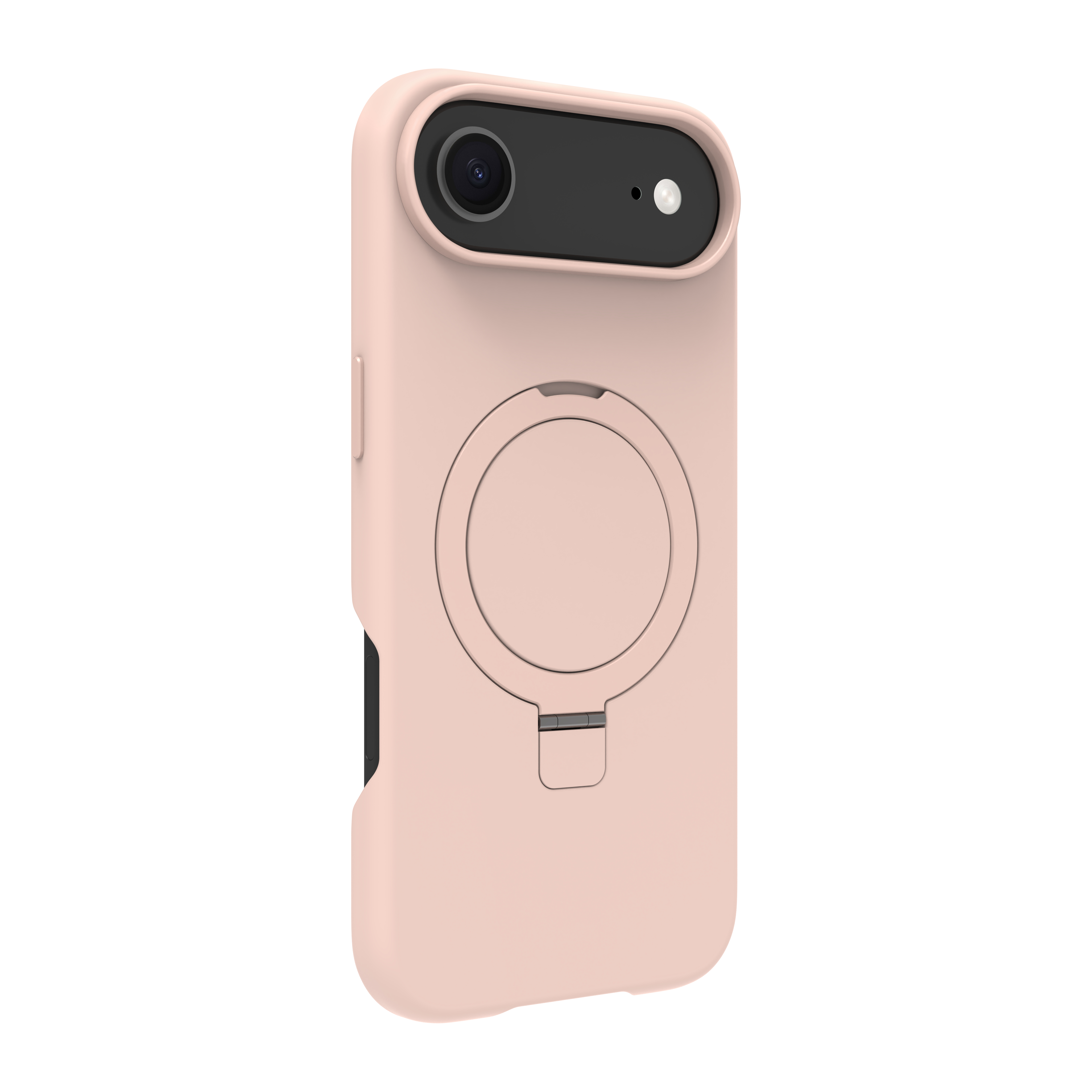 Custodia rosa per telefono con ritaglio per fotocamera e supporto ad anello. Sfondo bianco. Design elegante.