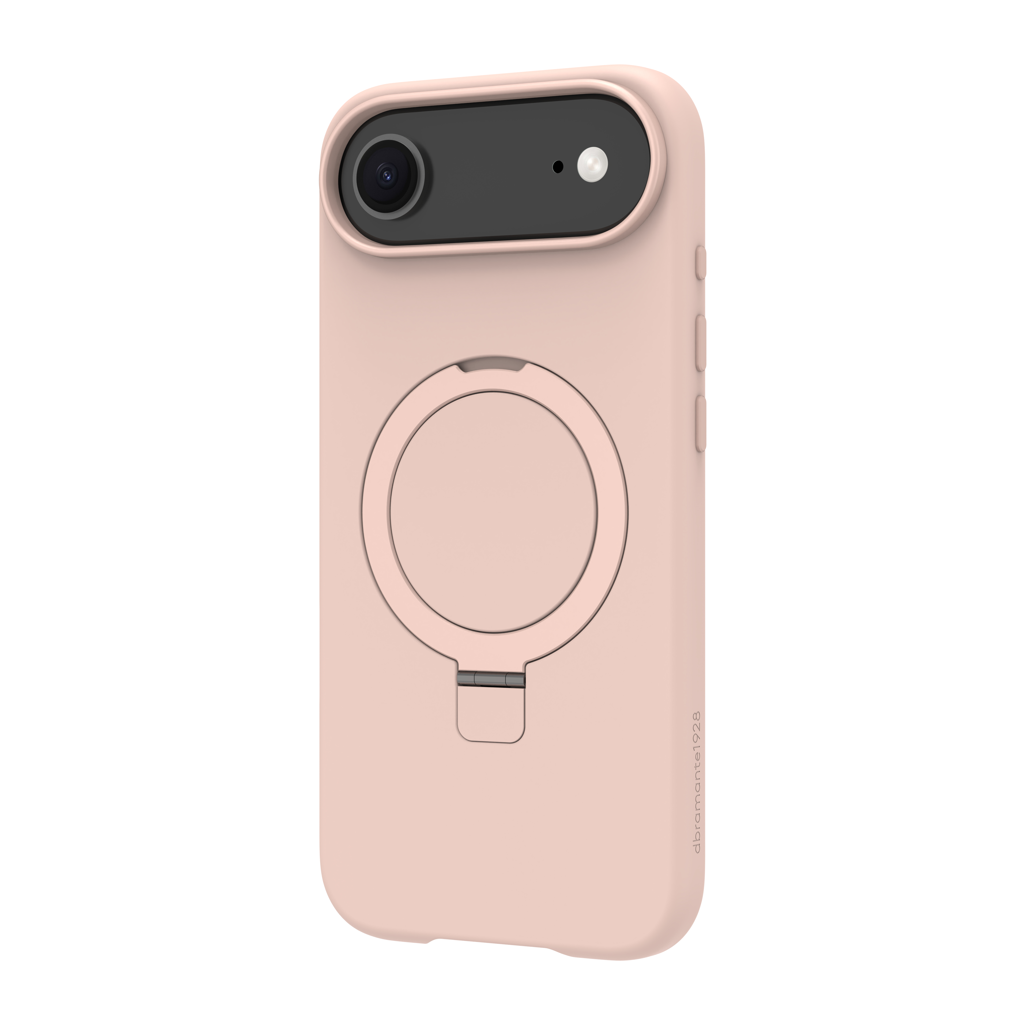 Una custodia rosa per telefono con ritaglio per fotocamera, supporto ad anello e cavalletto. La custodia è su sfondo bianco.