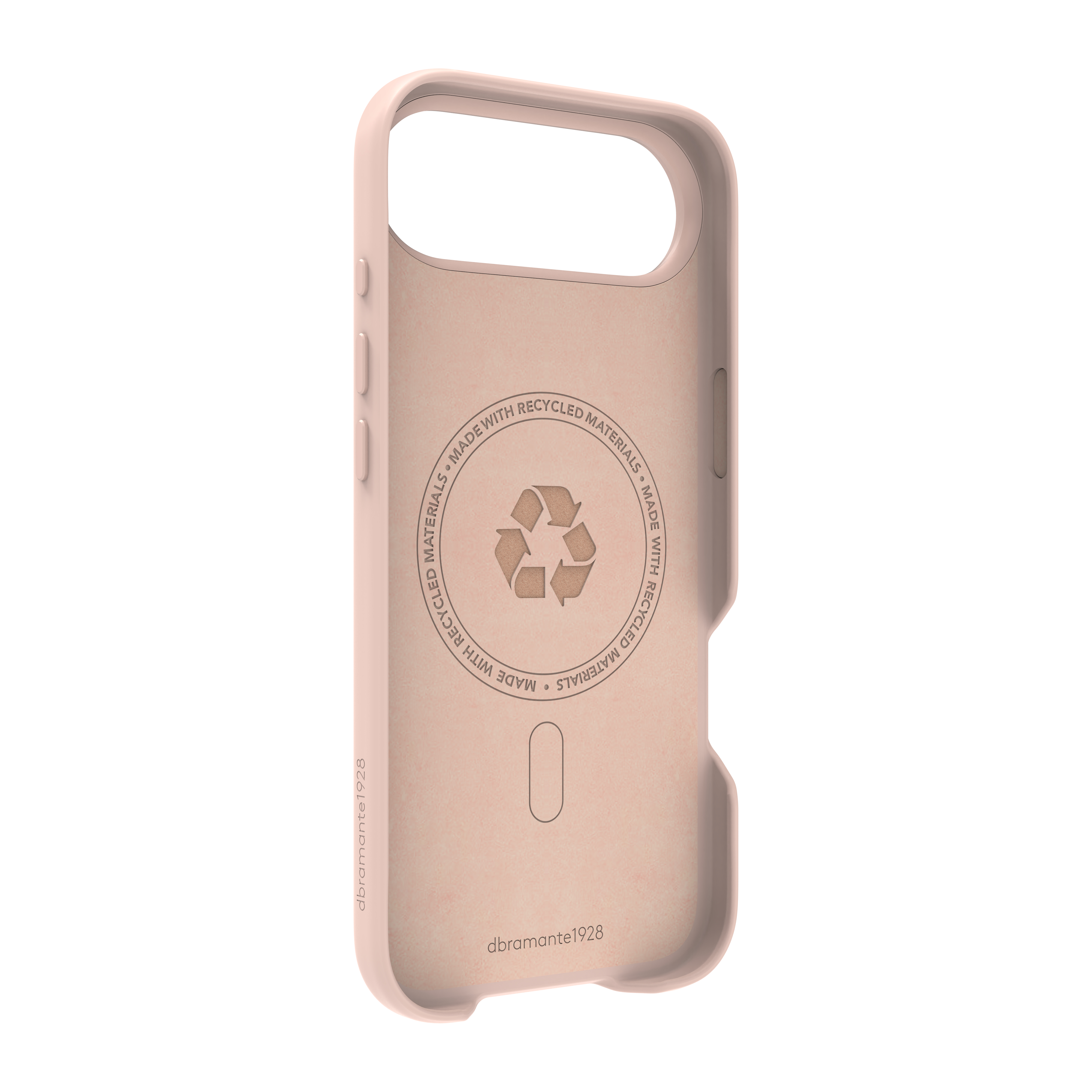 Una custodia per telefono rosa chiaro con un simbolo di riciclaggio e le parole 'realizzato con materiali riciclati'.