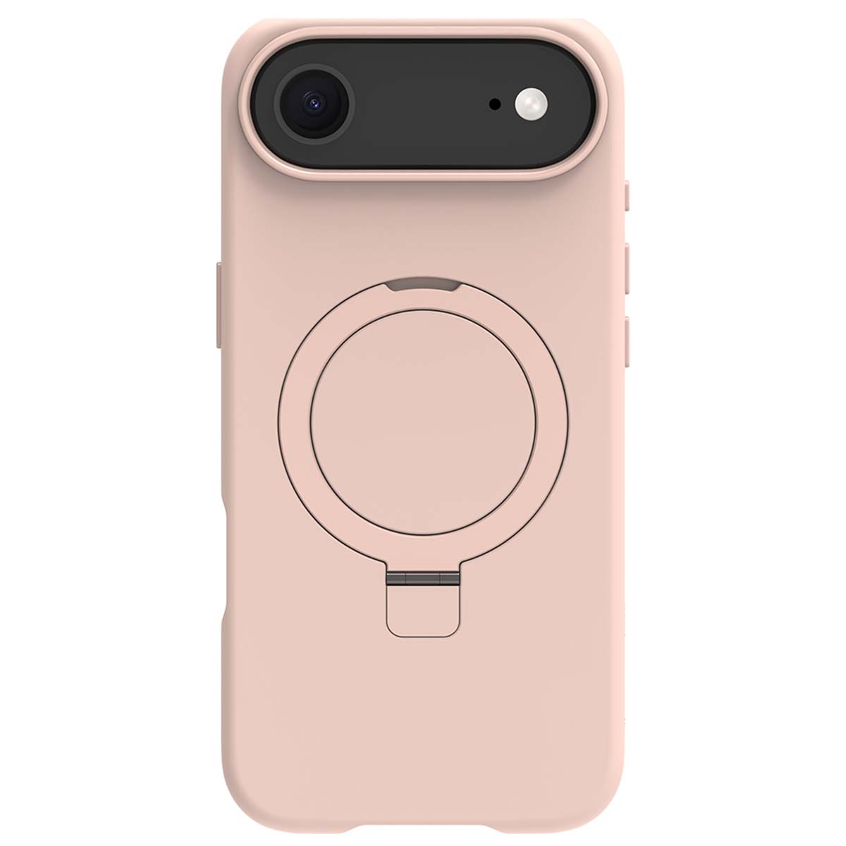 Una custodia rosa per telefono con fotocamera, cerchio e piccolo supporto. La fotocamera è nera. La custodia è rosa chiaro.