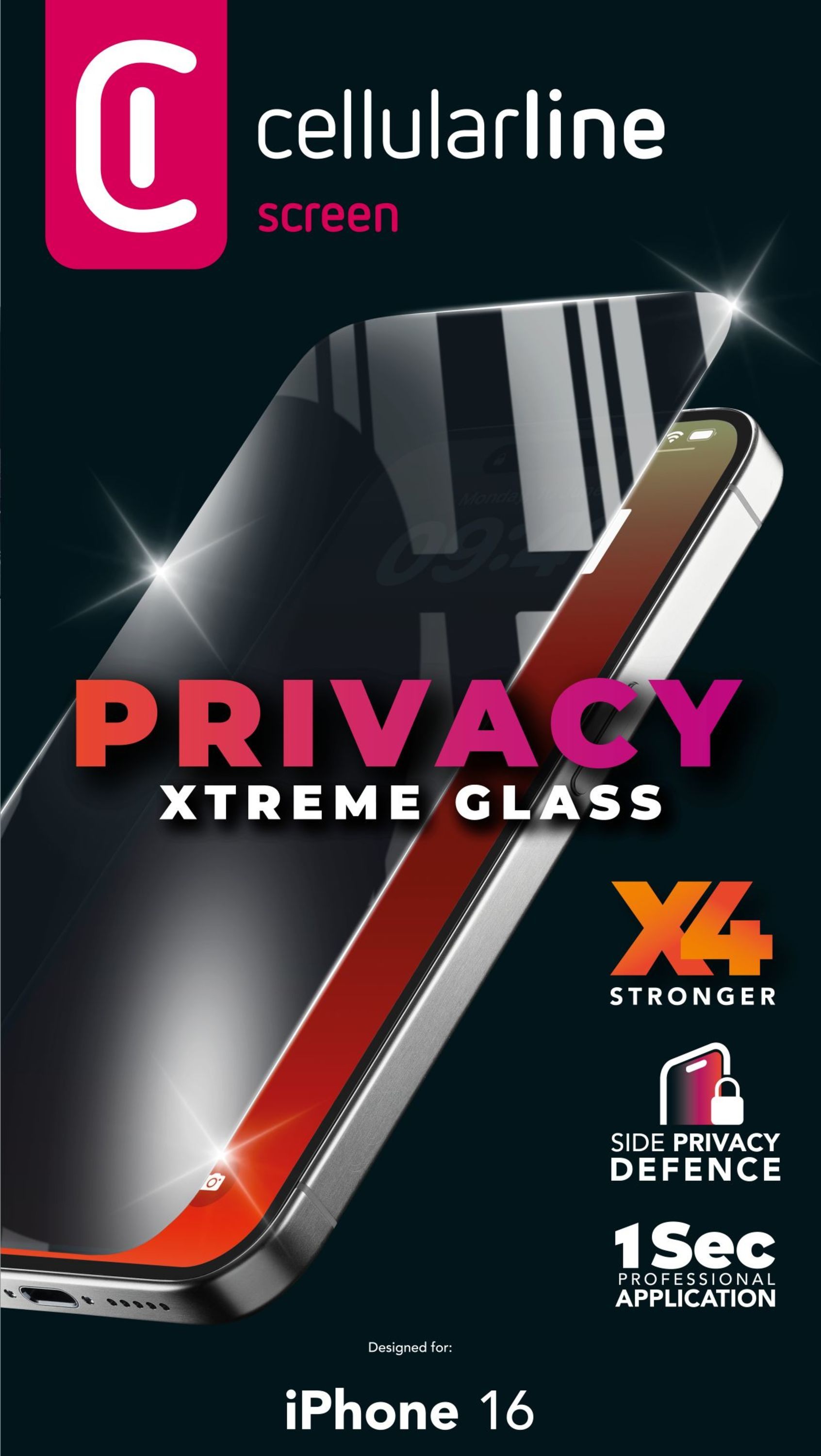 Annuncio prodotto per protezione schermo iPhone 16. Mostra telefono con protezione, vetro privacy e logo del marchio.