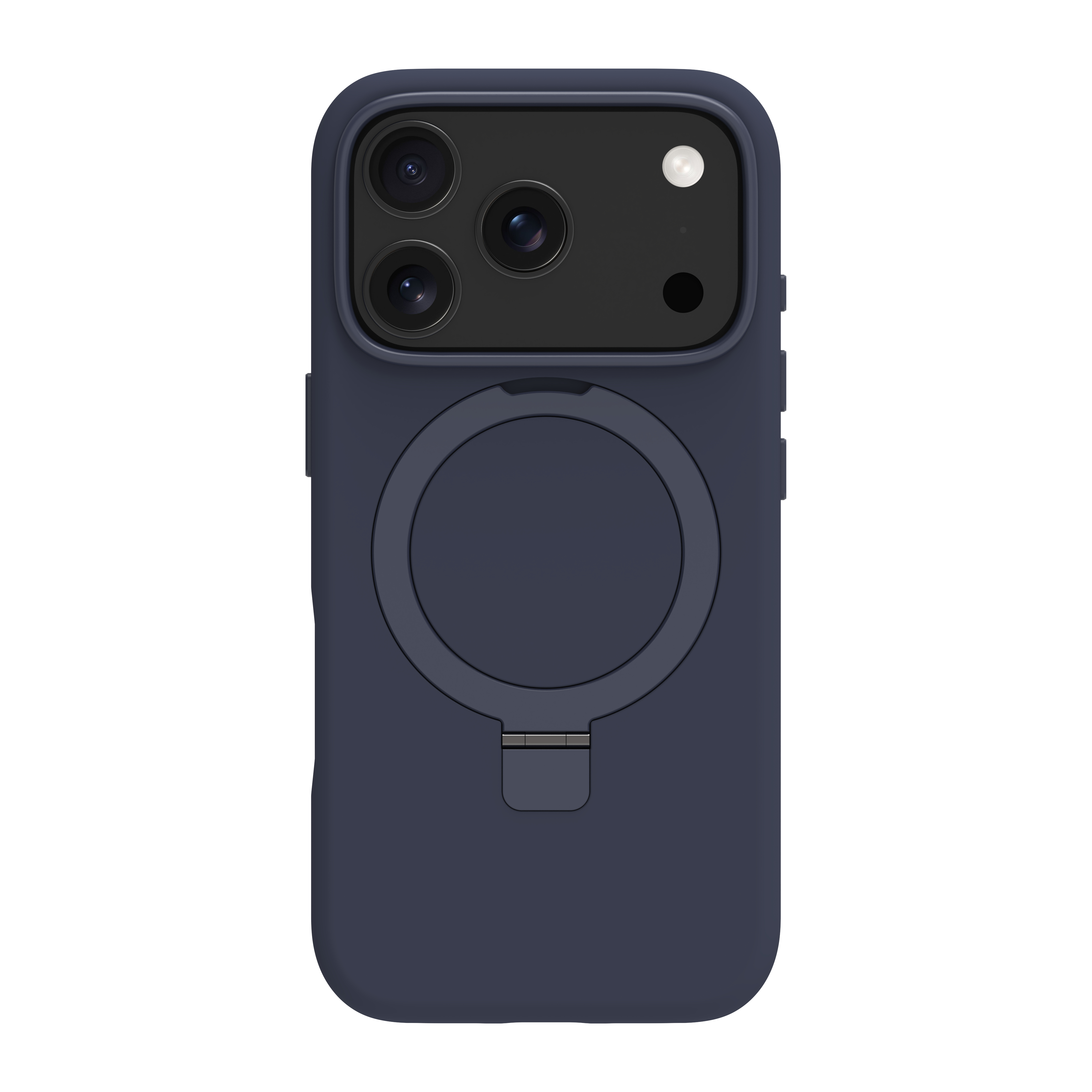Una custodia per telefono blu scuro. Ha un ritaglio per la fotocamera con tre lenti e un anello per un supporto.