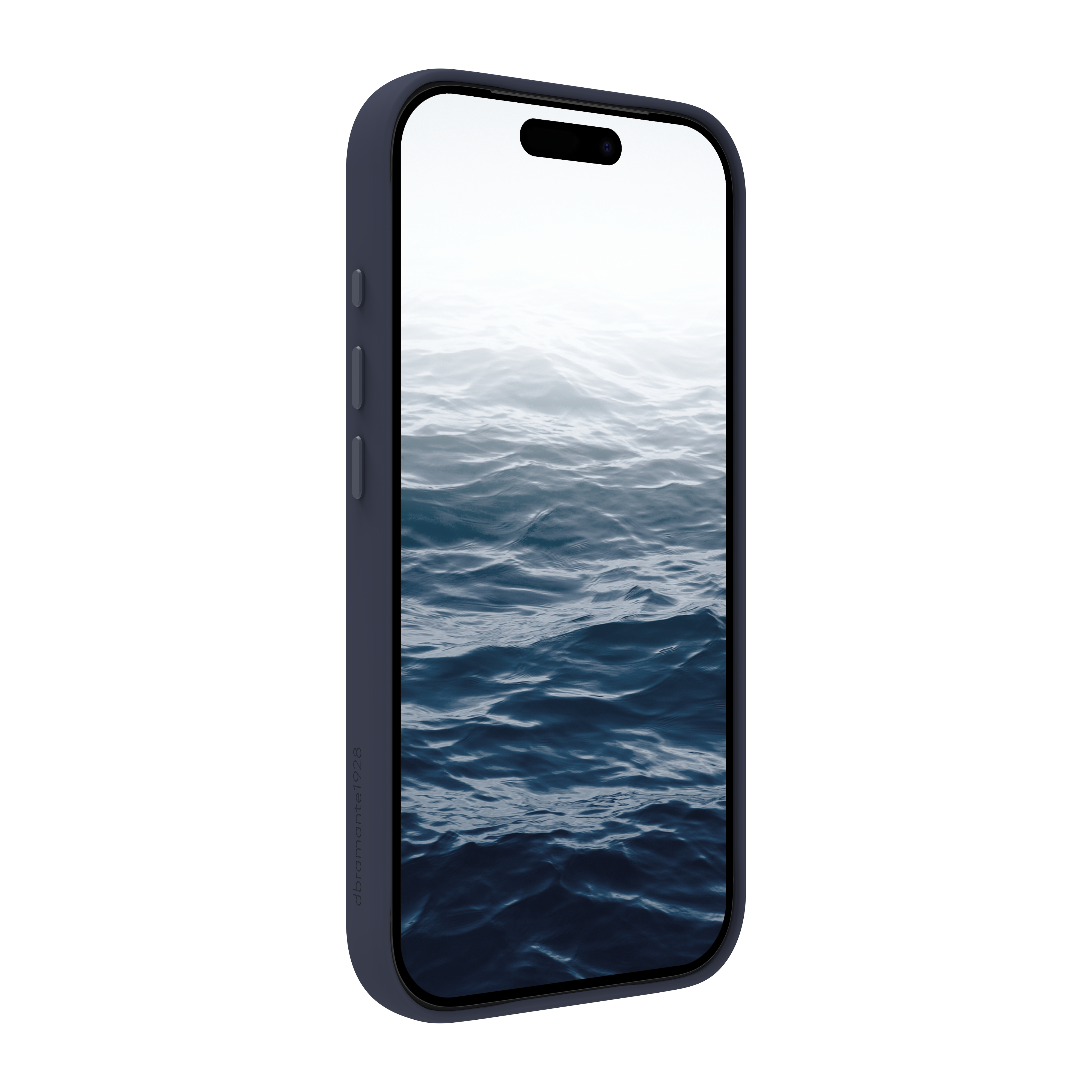 Uno smartphone con custodia blu scuro mostra un'immagine dell'oceano ondulato. Lo sfondo è bianco.