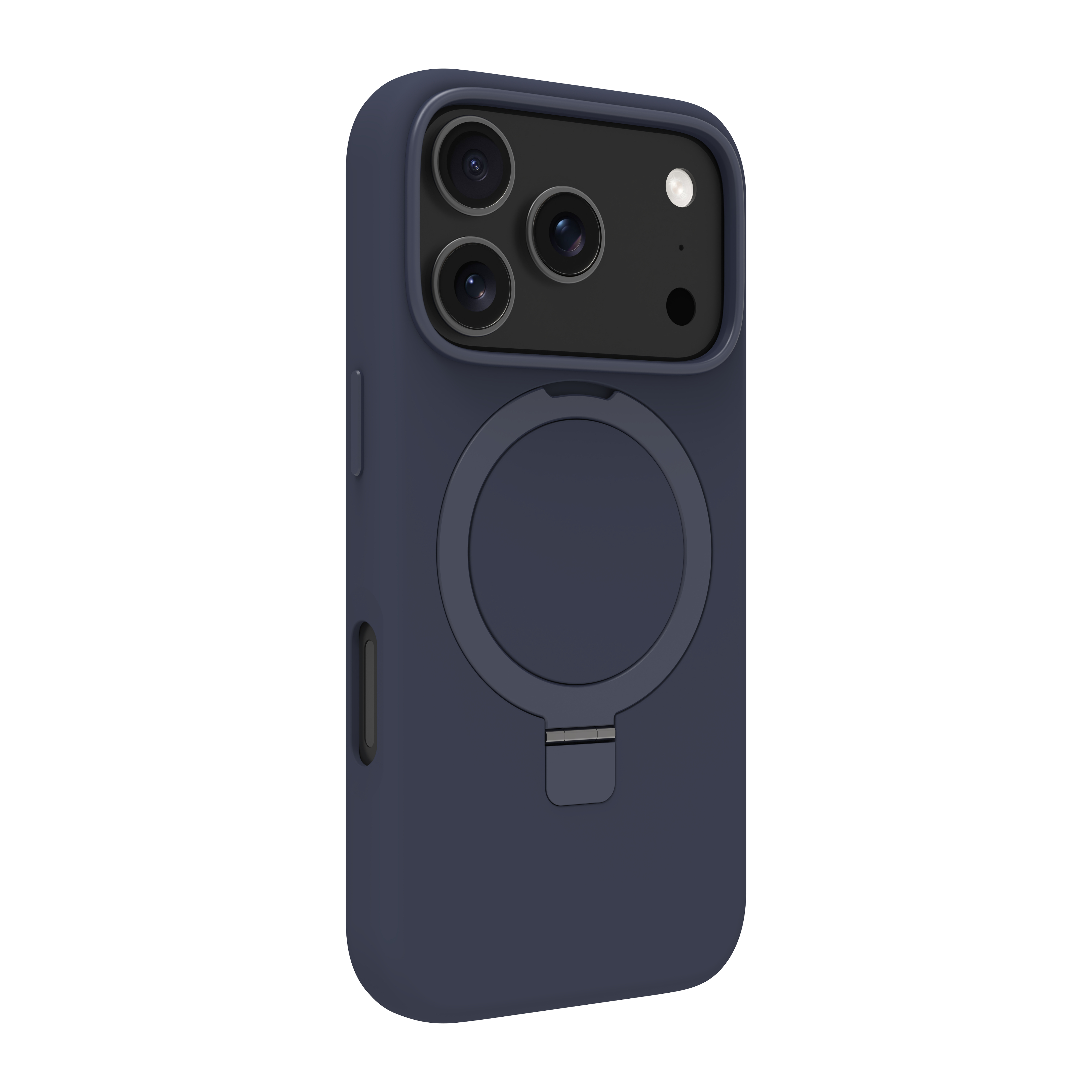 Una custodia per telefono blu scuro. Ha tre lenti della fotocamera e un'impugnatura circolare. Lo sfondo è bianco.