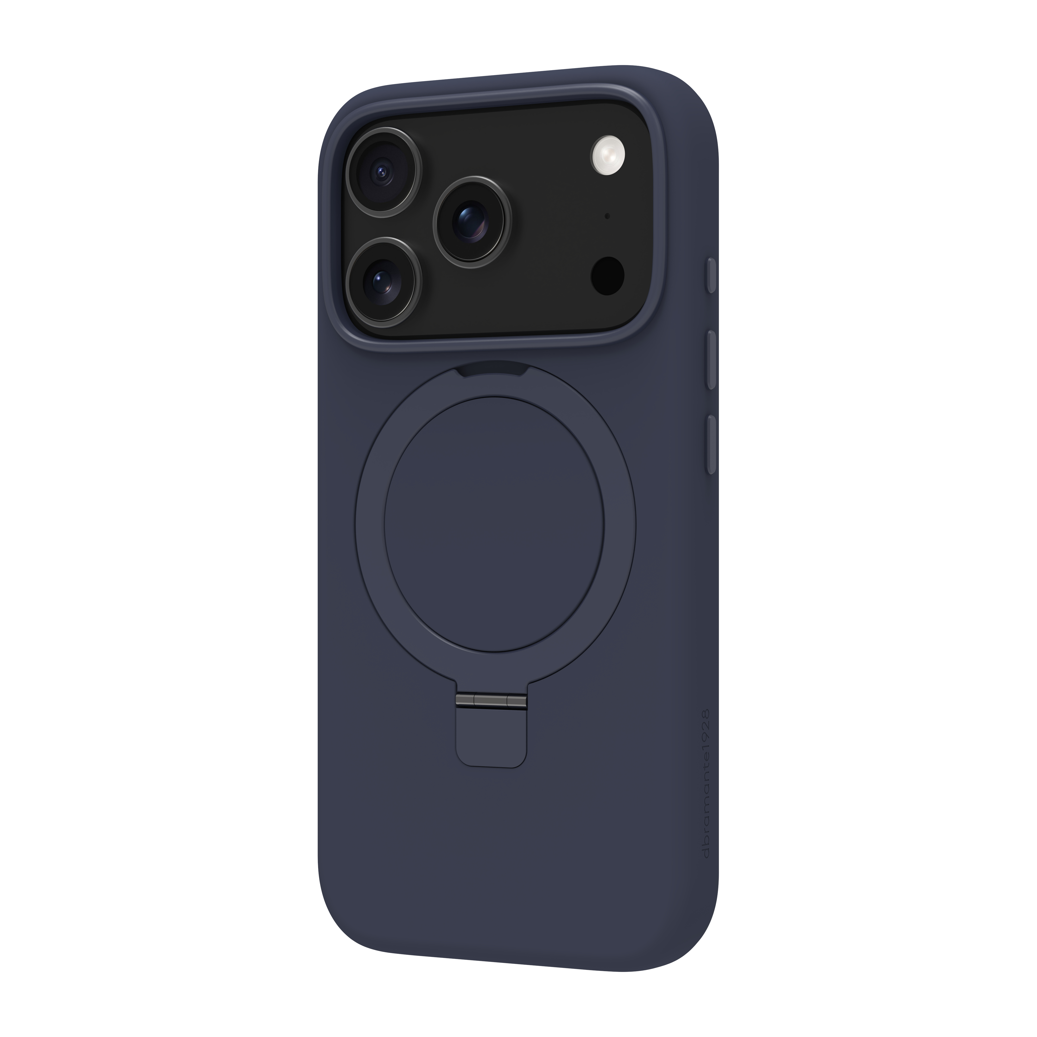 Una custodia per telefono blu scuro. Ha un ritaglio per la fotocamera, un magsafe circolare e un supporto.