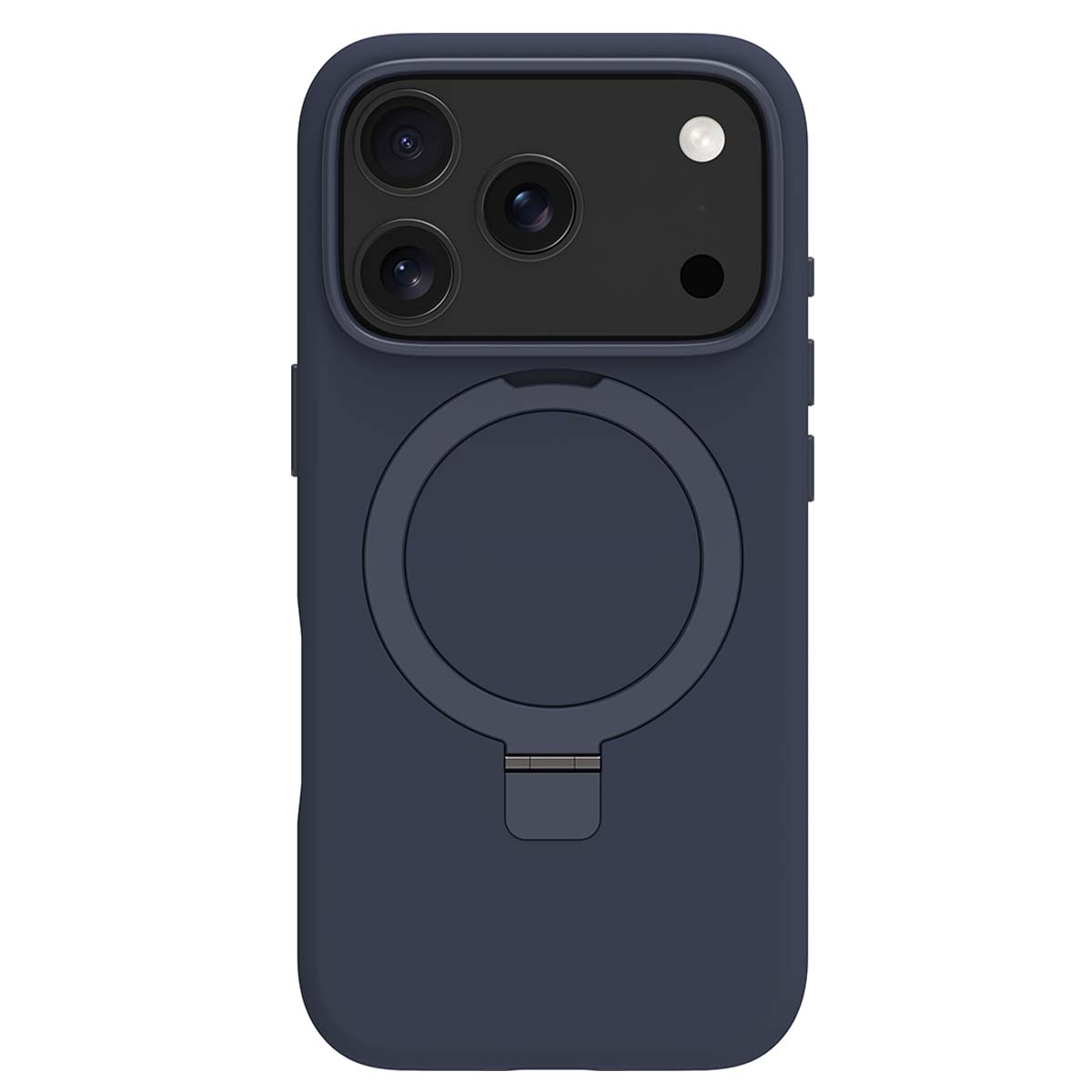Una custodia per telefono blu scuro. Presenta un ritaglio per la fotocamera con tre lenti, un anello e un piccolo supporto.
