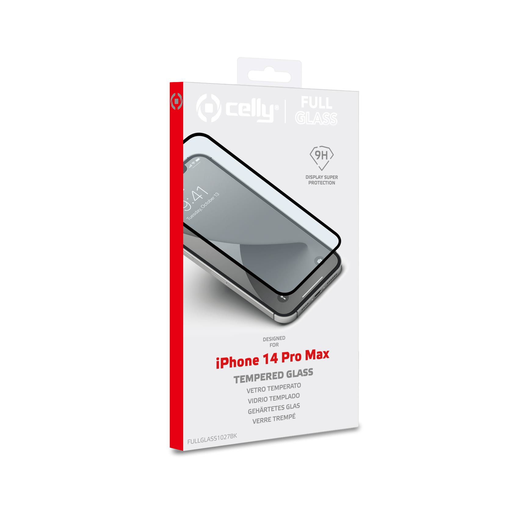 Una scatola di protezione per schermo del telefono. È raffigurato un iPhone. Il testo include "iPhone 14 Pro Max" e "Tempered Glass".