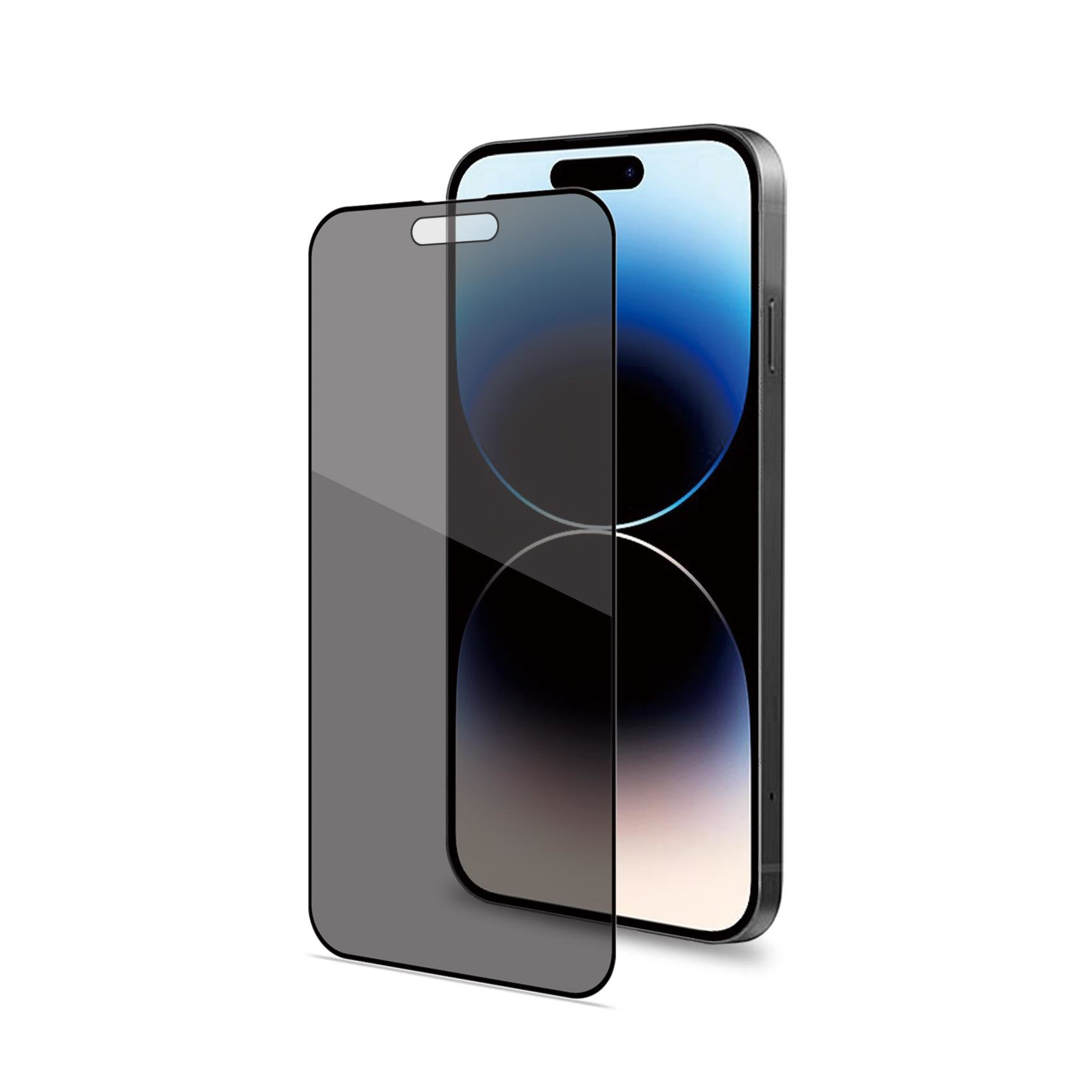 Un iPhone con protezione schermo. Il telefono è nero e argento. La protezione è grigia.
